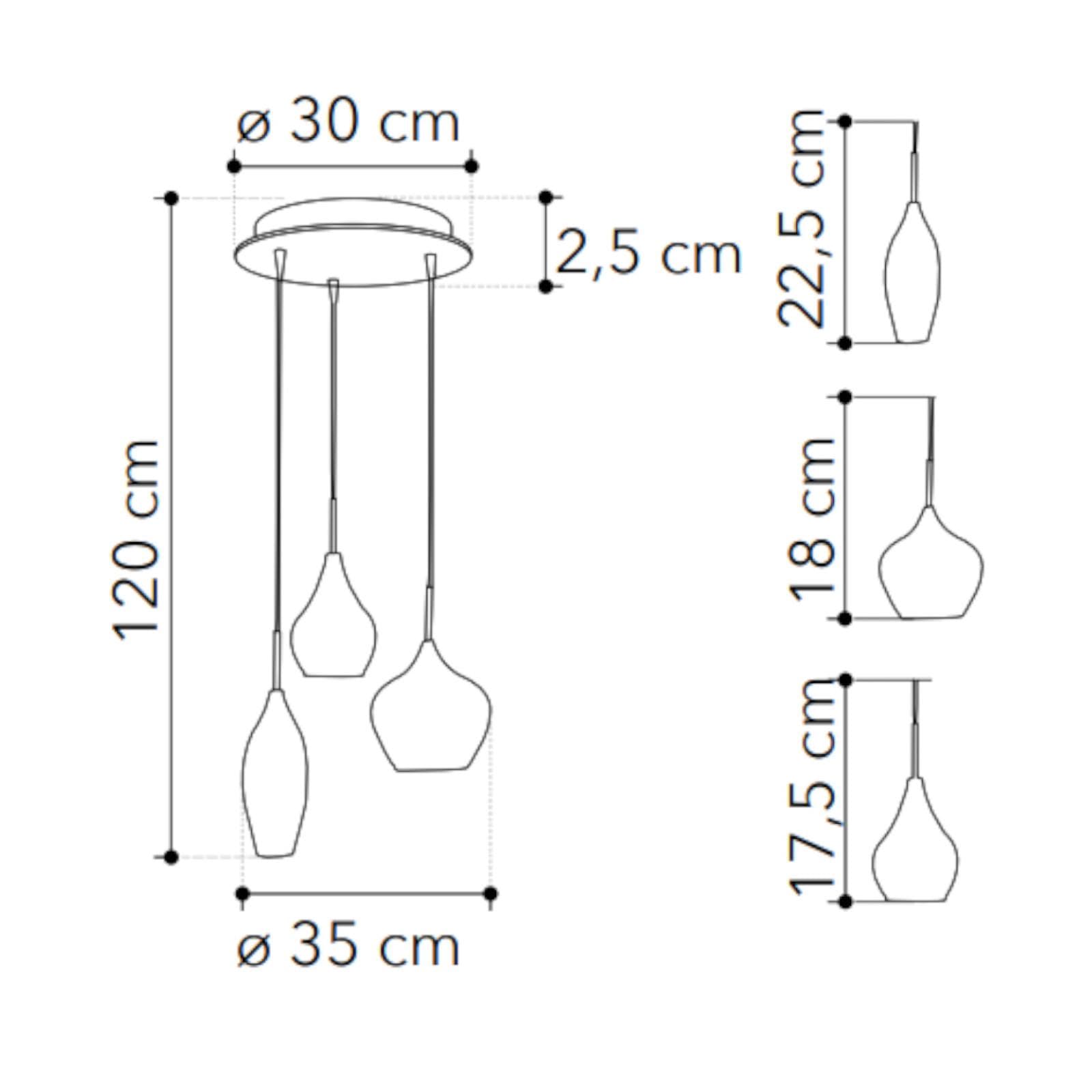 Lampadario da 3 lampade sospese per interno o esterno 35x120h cm in doppio vetro