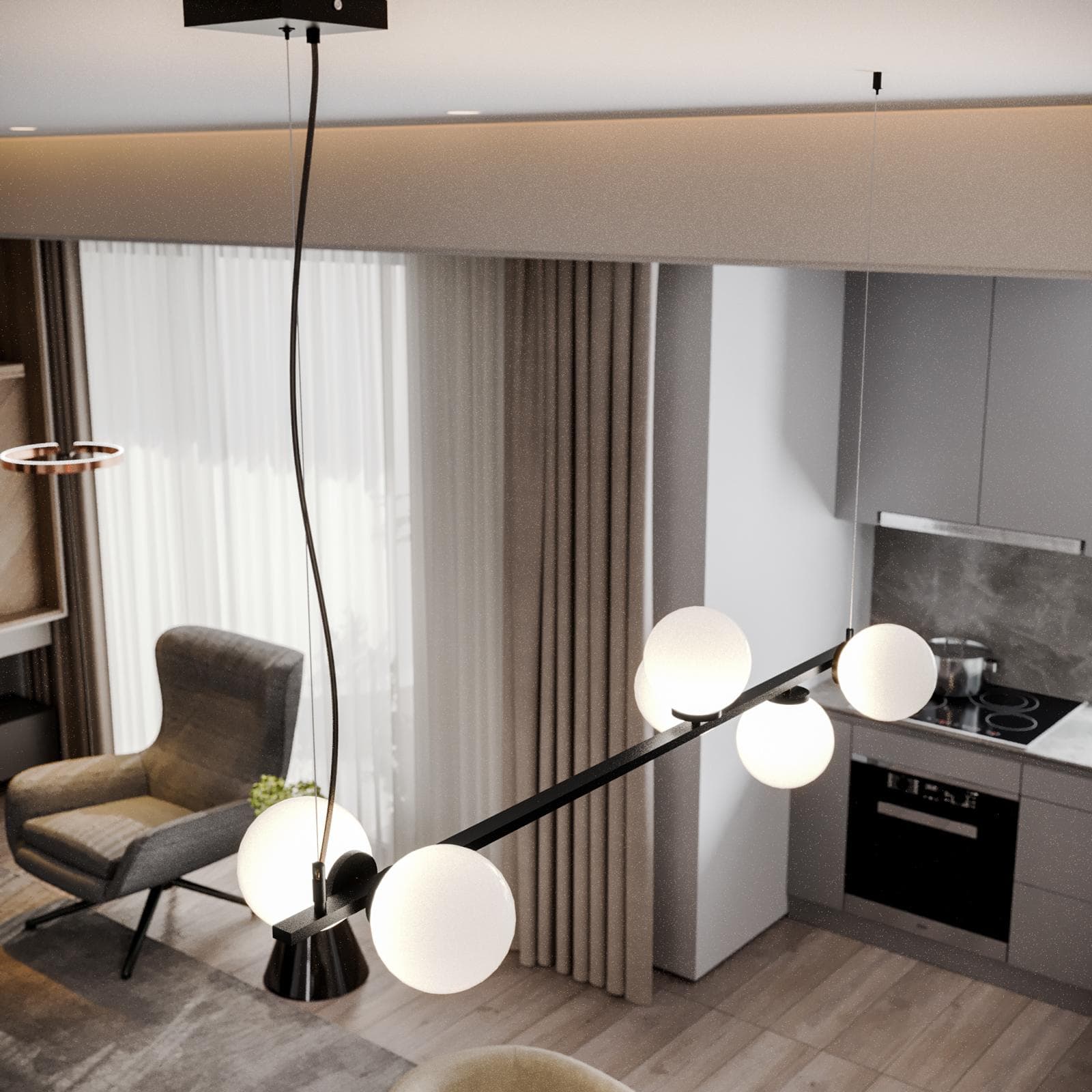 Lampadario sospeso 120x32x150 h cm in metallo nero opaco e diffusori in vetro opale