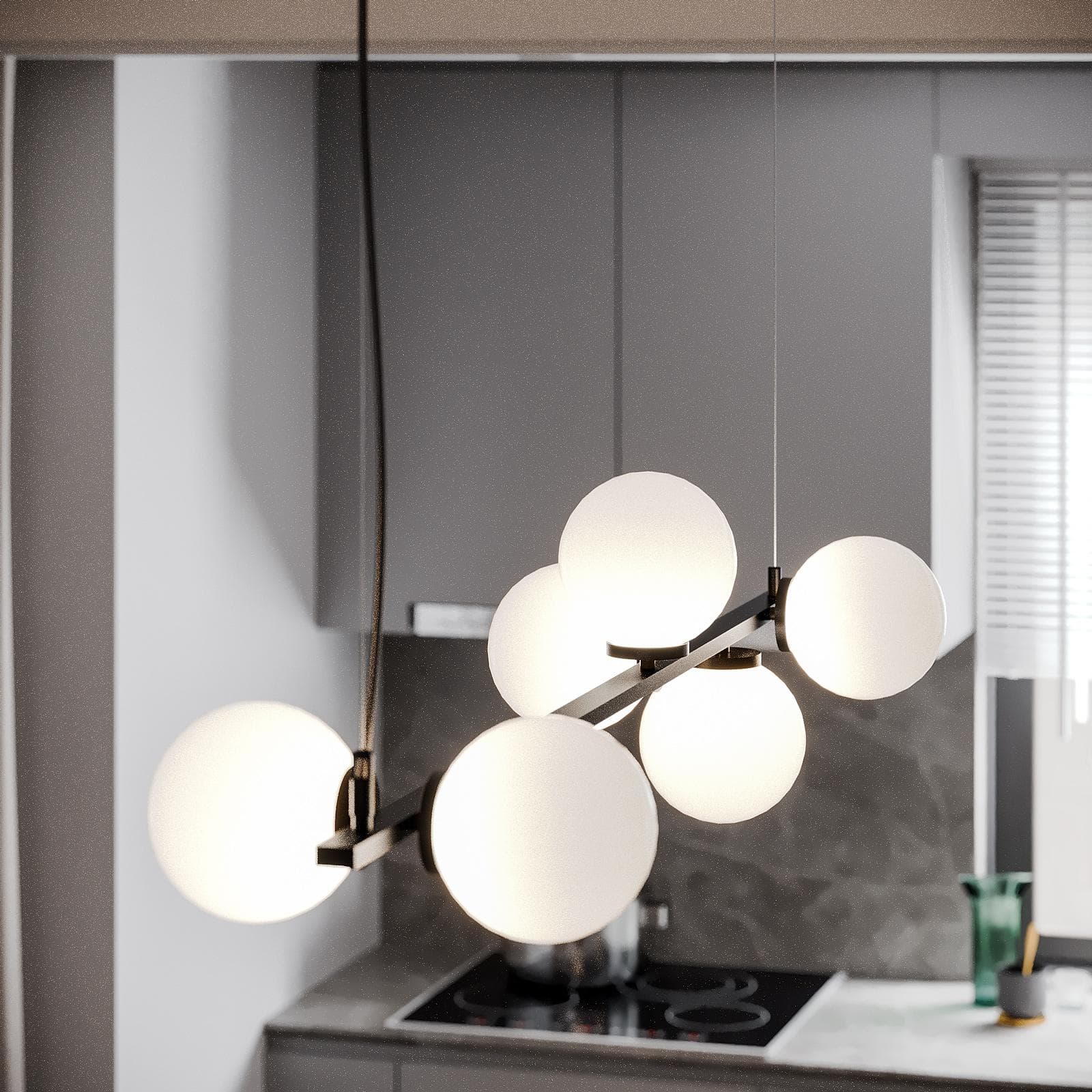 Lampadario sospeso 120x32x150 h cm in metallo nero opaco e diffusori in vetro opale