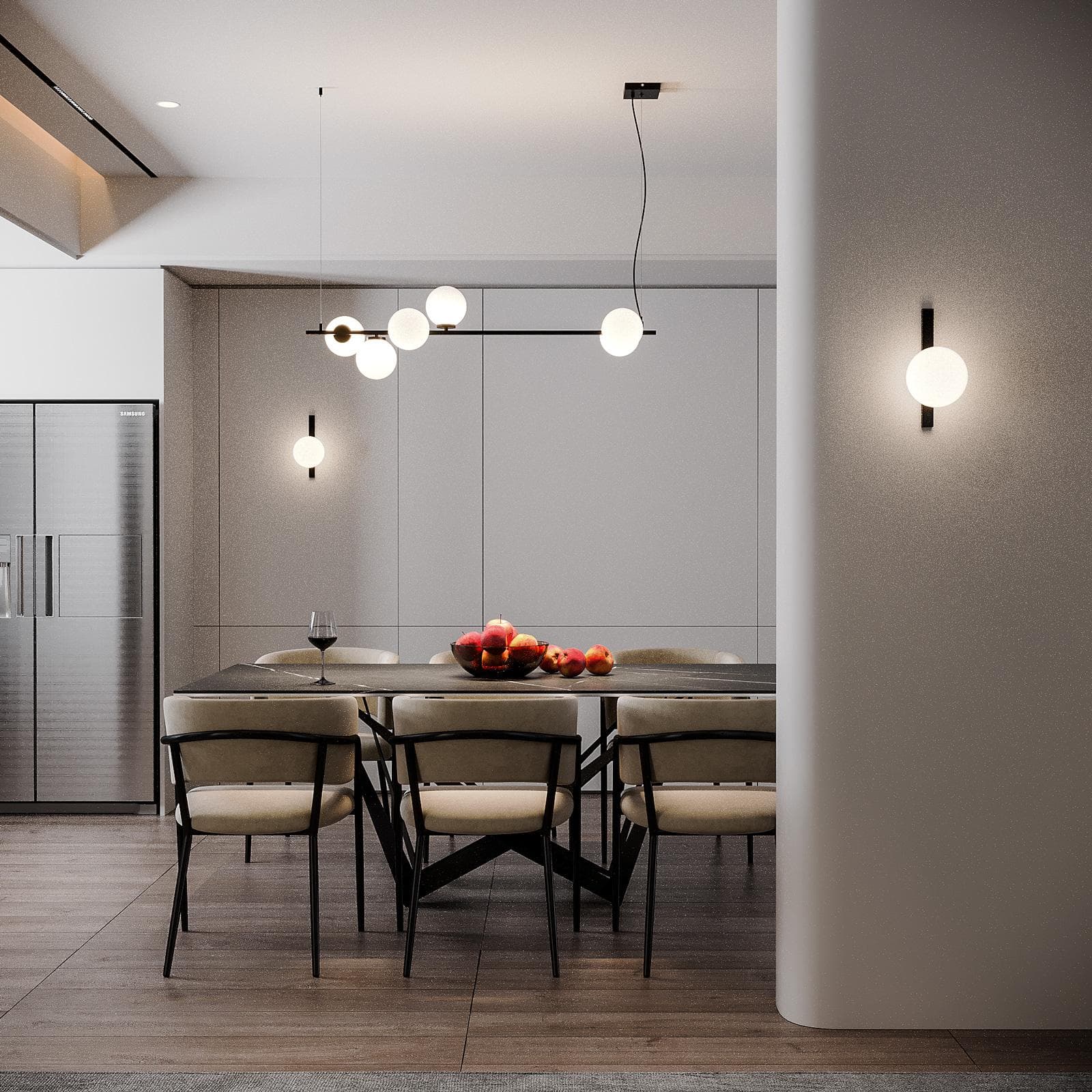 Lampadario sospeso 120x32x150 h cm in metallo nero opaco e diffusori in vetro opale