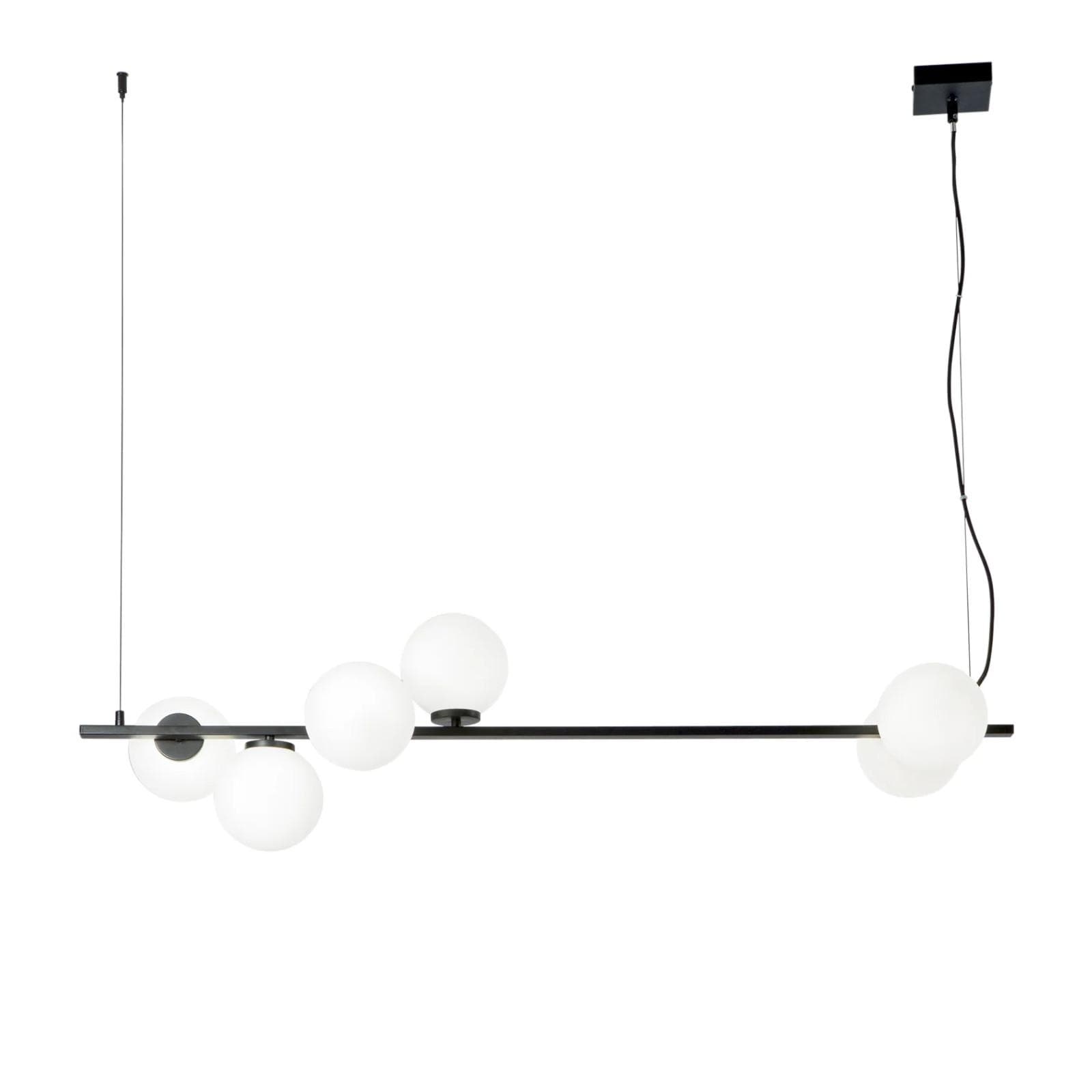 Lampadario sospeso 120x32x150 h cm in metallo nero opaco e diffusori in vetro opale