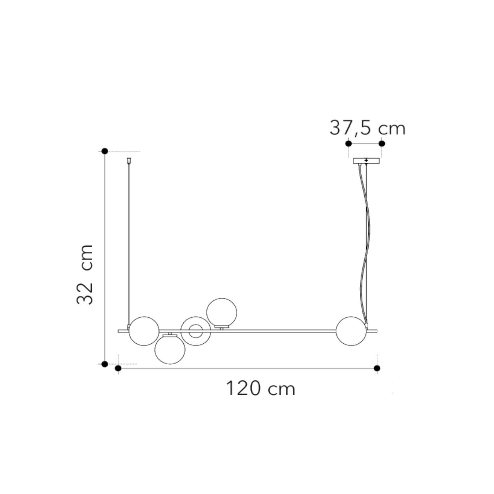 Lampadario sospeso 120x32x150 h cm in metallo nero opaco e diffusori in vetro opale