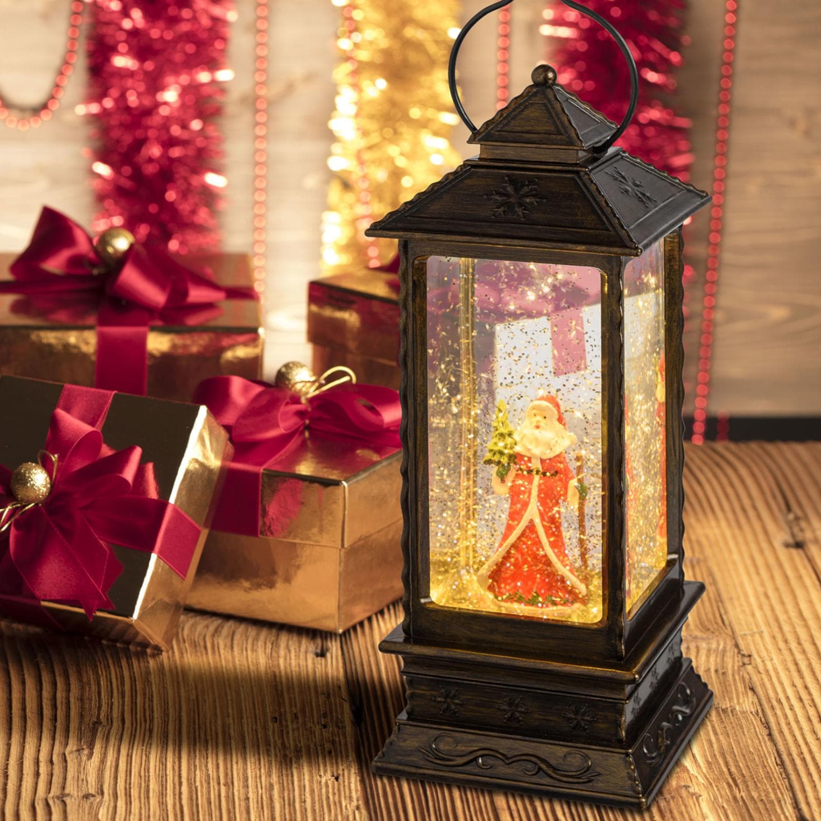 Lanterna natalizia 27,5h cm marrone con LED e glitter interni