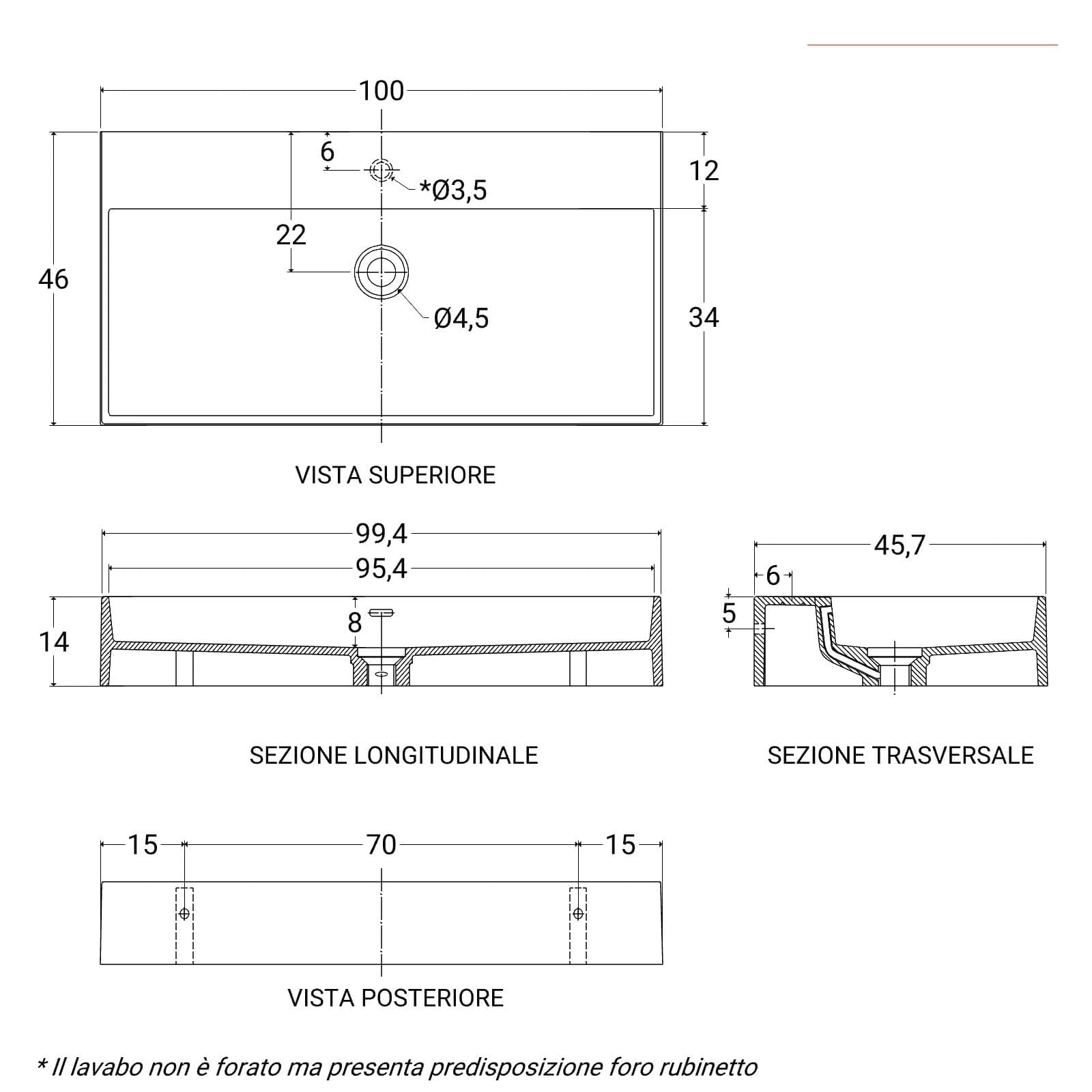 Lavabo 100x46 cm in resina bianco opaco - Lake