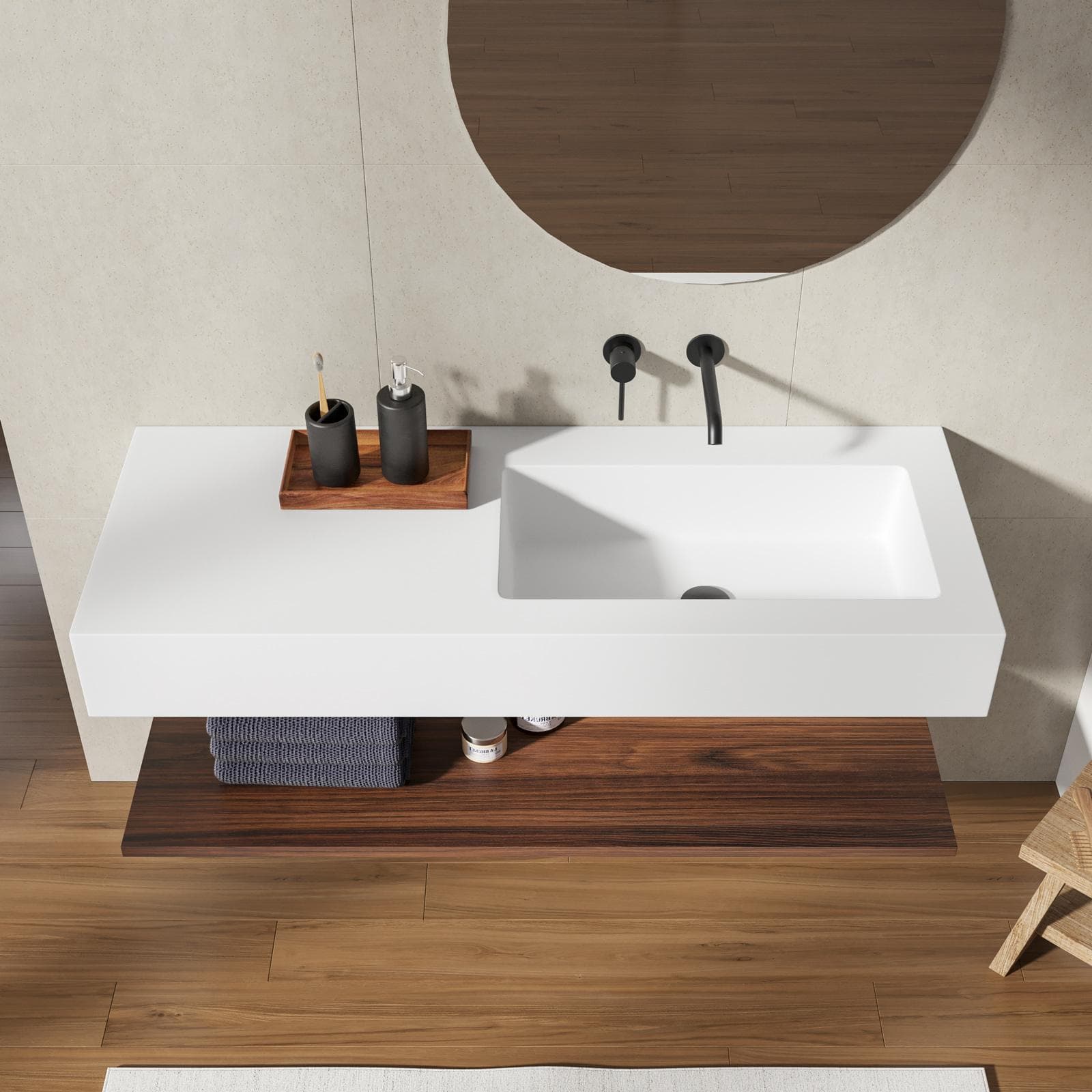 Lavabo 120 cm bianco opaco con vasca a destra e mensola inferiore rovere deciso - Agua