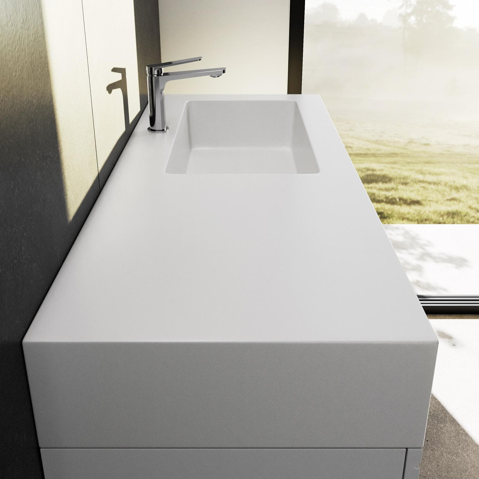 Lavabo 120 cm bianco opaco con vasca a destra e mensola inferiore rovere deciso - Agua