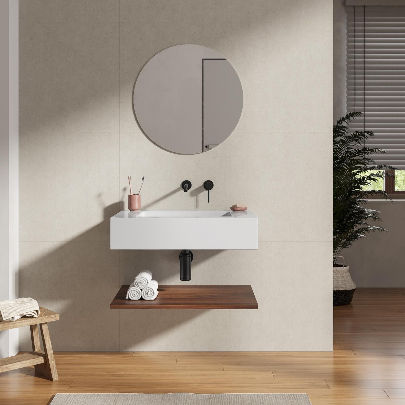 Lavabo 70 cm bianco opaco con mensola inferiore rovere deciso - Agua