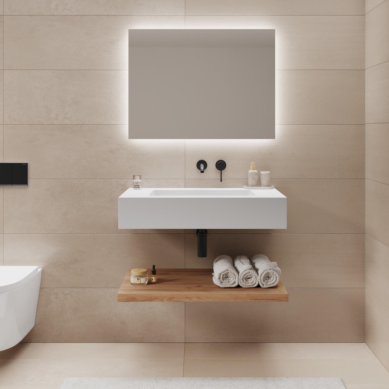 Lavabo 70 cm bianco opaco con mensola inferiore rovere gold - Agua