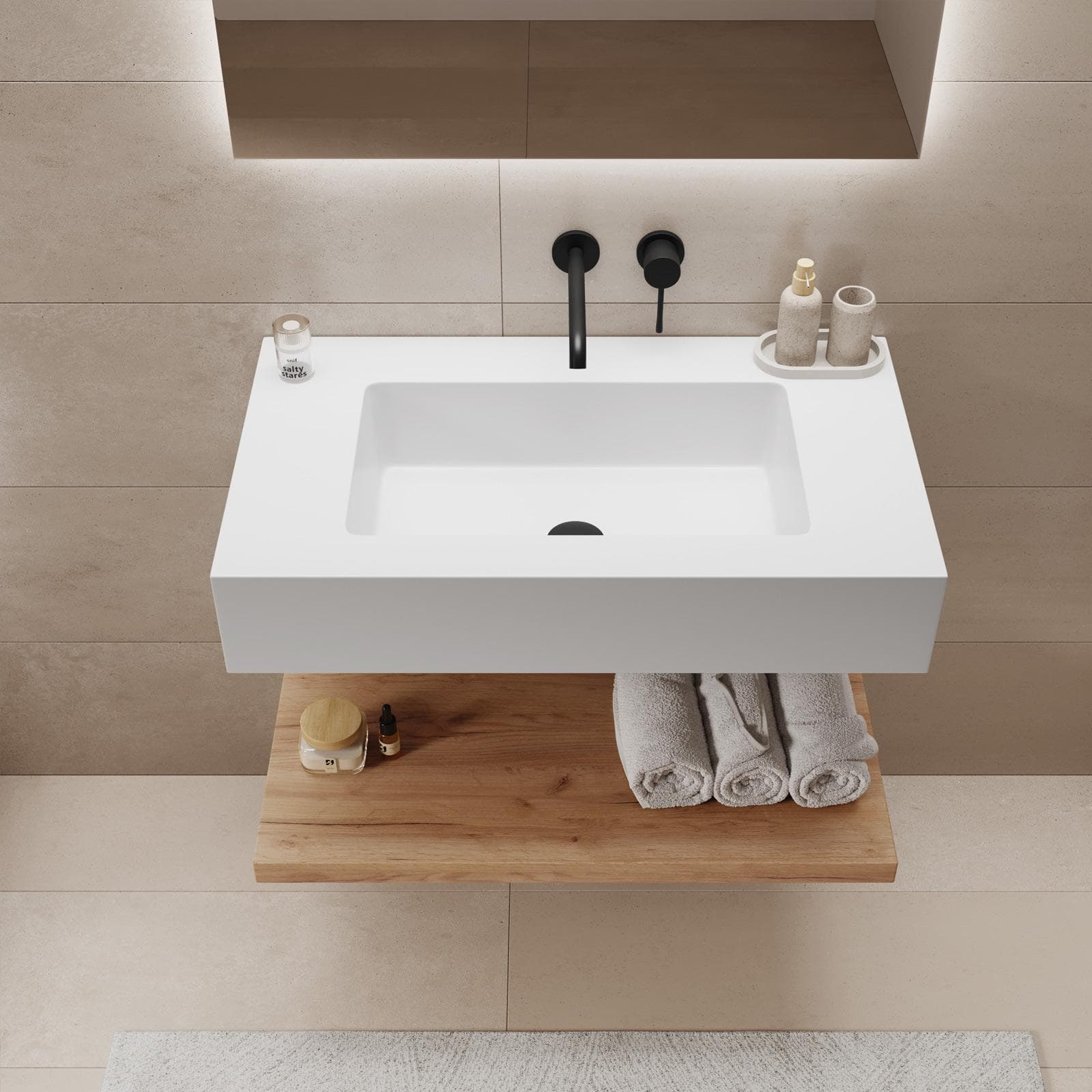 Lavabo 70 cm bianco opaco con mensola inferiore rovere gold - Agua