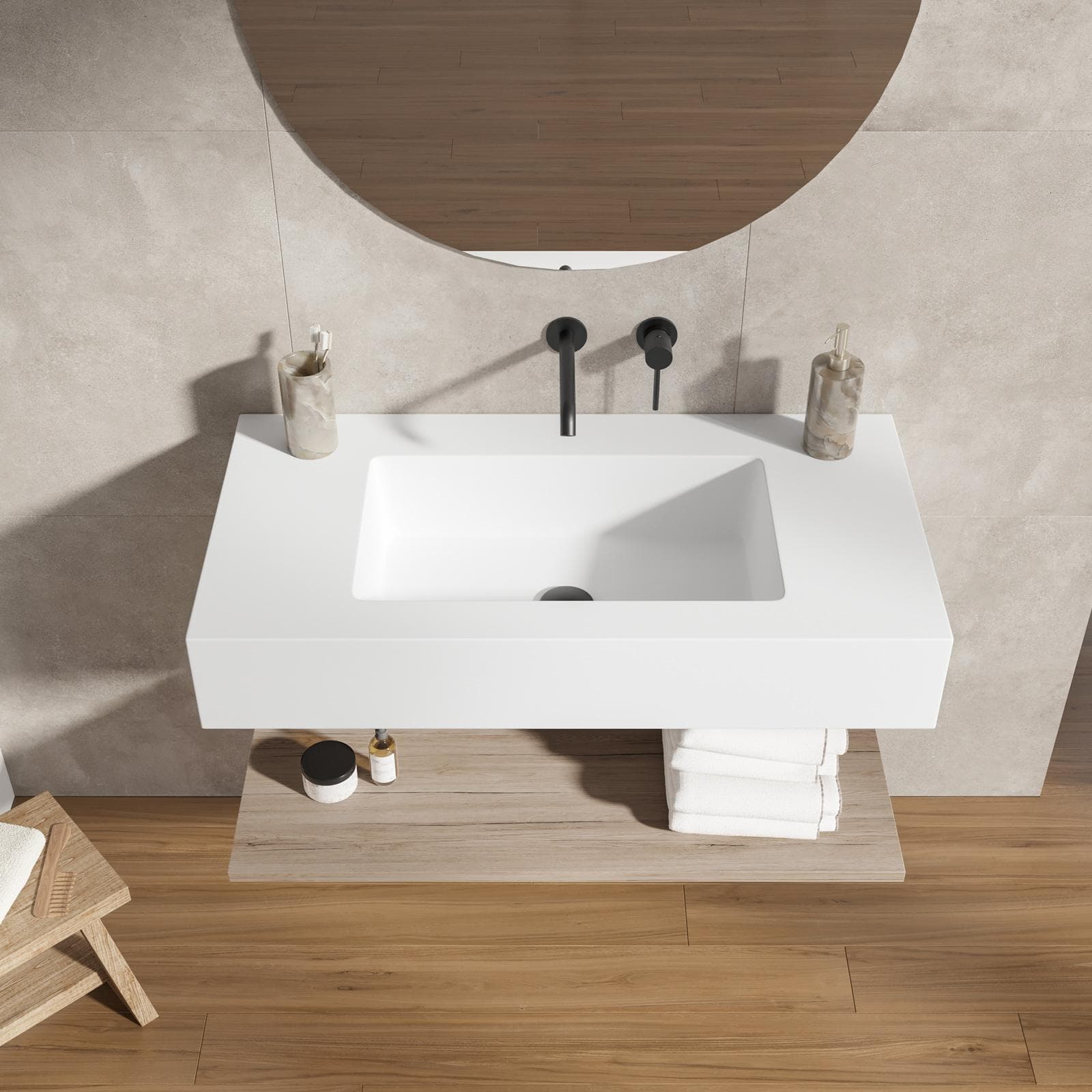 Lavabo 90 cm bianco opaco con mensola inferiore rovere season - Agua