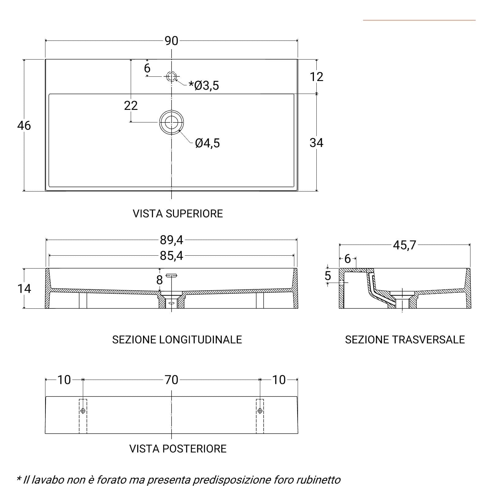 Lavabo 90x46 cm in resina bianco opaco - Lake