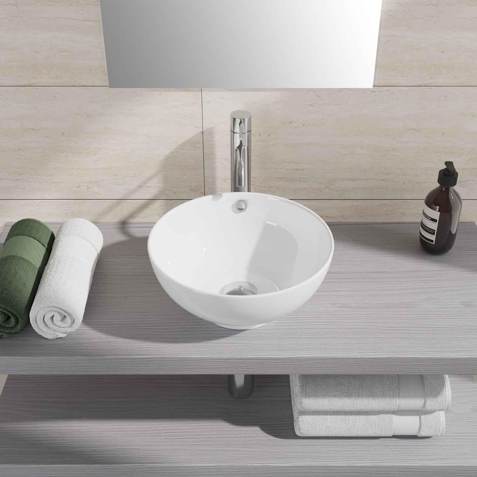 Lavabo a bacinella da appoggio rotondo 40 cm in ceramica bianco lucido