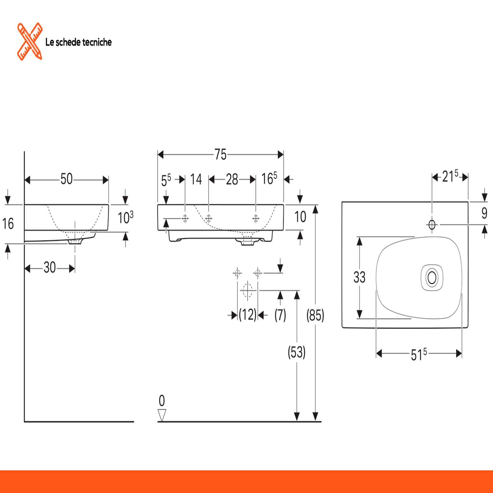 Lavabo asimmetrico sospeso o da appoggio 75 cm vasca dx Serie Citterio - Geberit