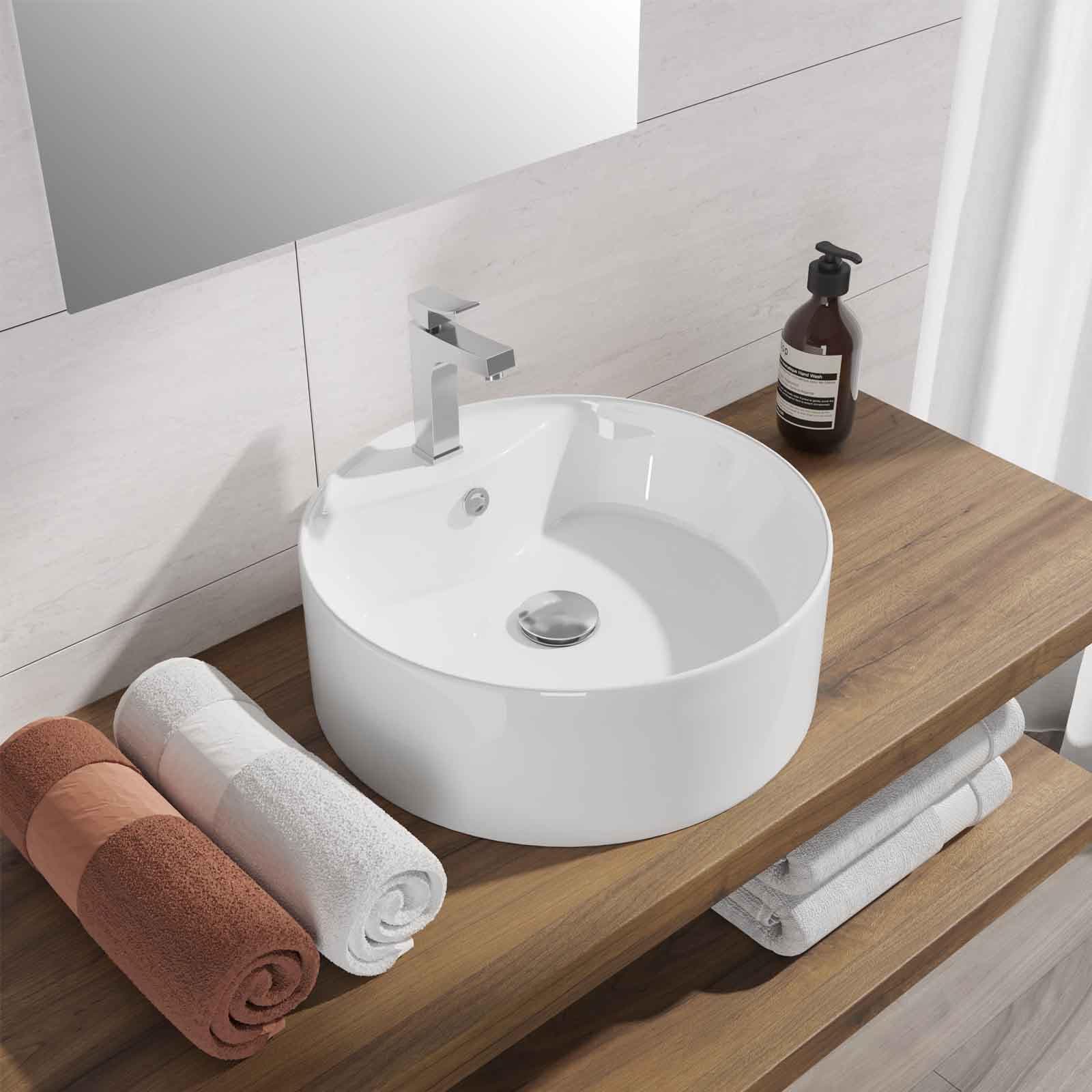 Lavabo bacinella d'appoggio bianco in ceramica con base miscelatore