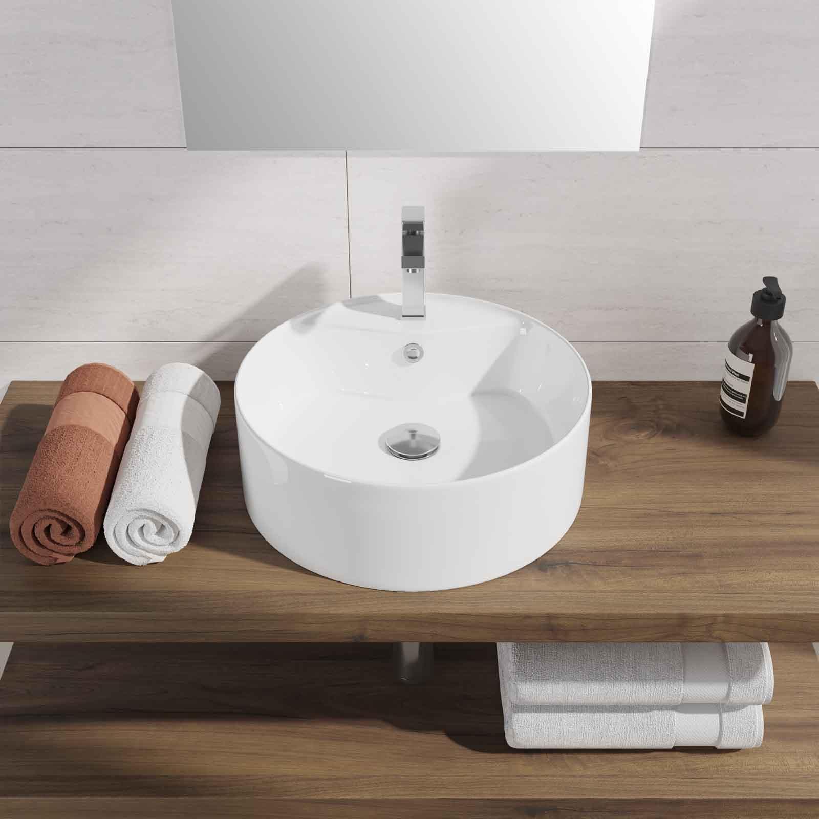 Lavabo bacinella d'appoggio bianco in ceramica con base miscelatore