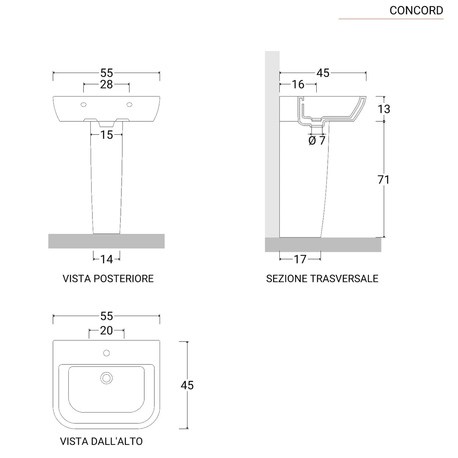 Lavabo con colonna 55 cm in ceramica bianco - Concord