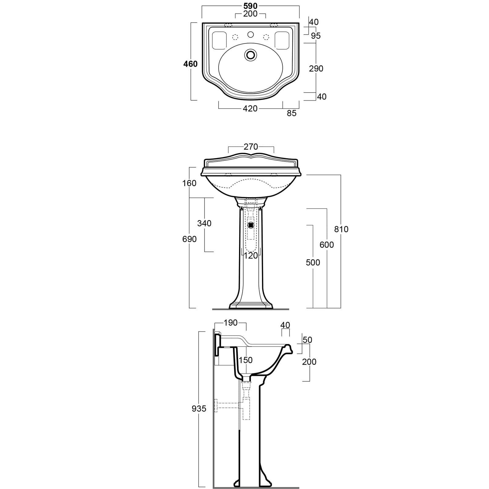Lavabo con colonna monoforo o 3 fori 59 cm arredo bagno classico - Arcade di Simas
