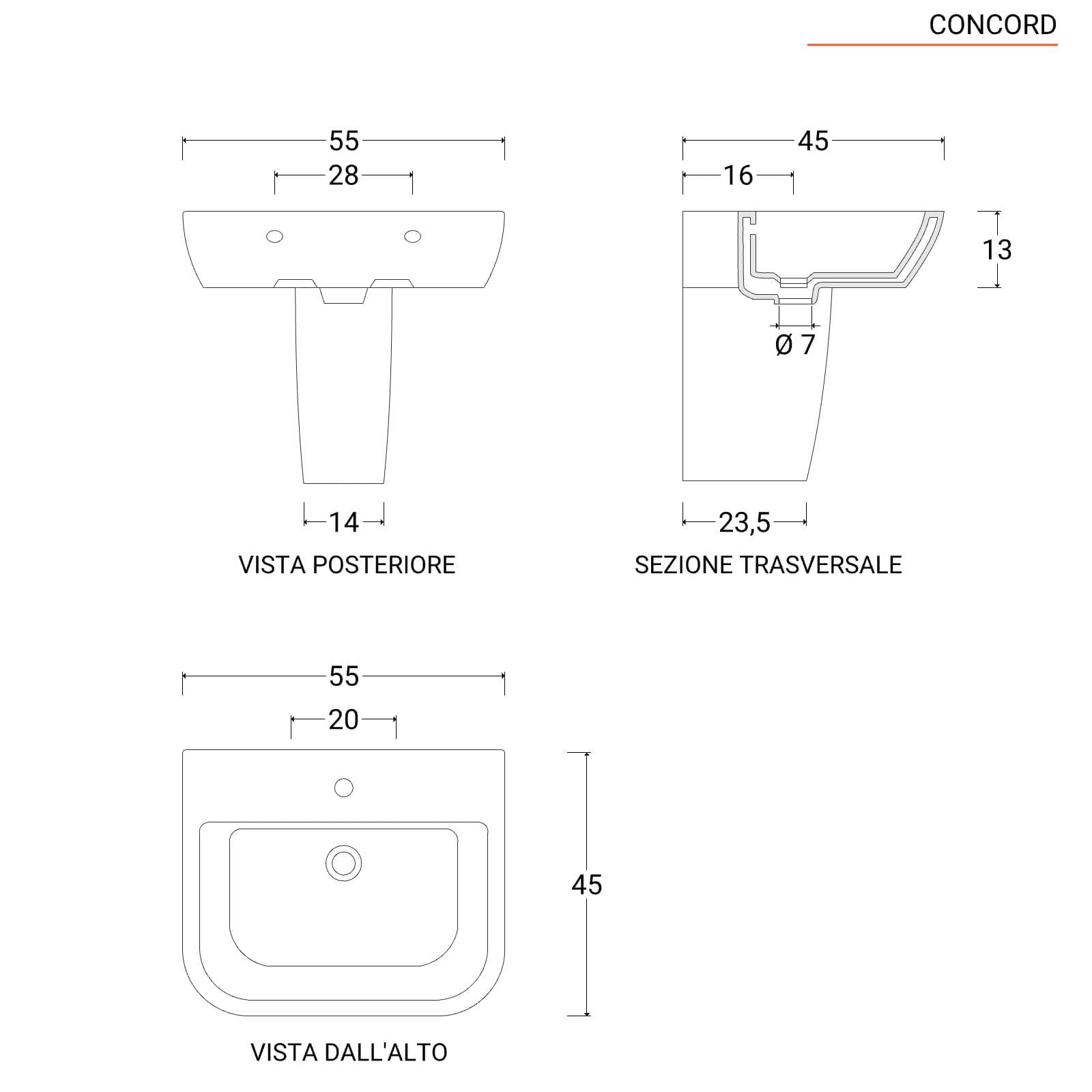 Lavabo con semicolonna 55 cm in ceramica bianco - Concord