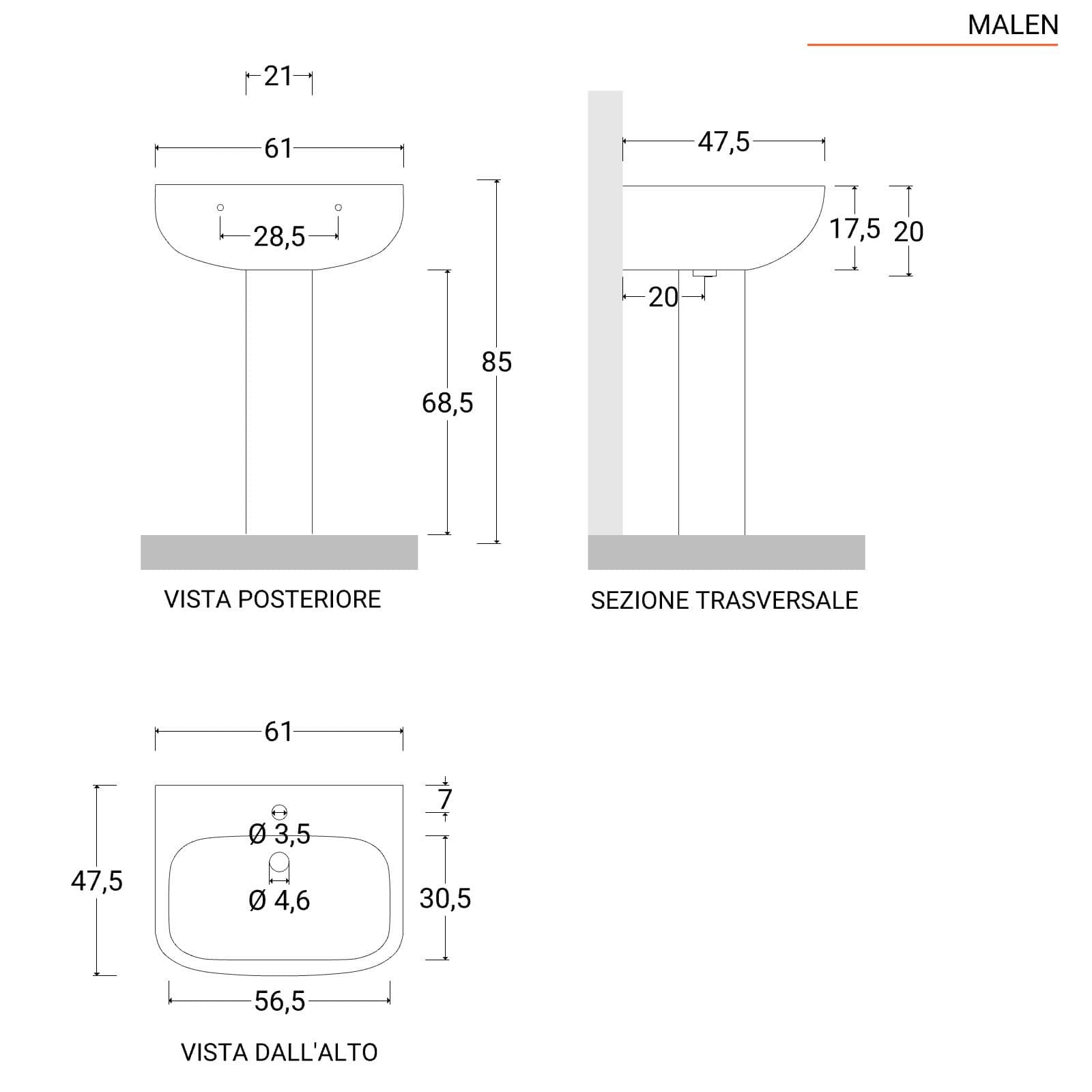 Lavabo con colonna 60cm in ceramica bianco - Malen