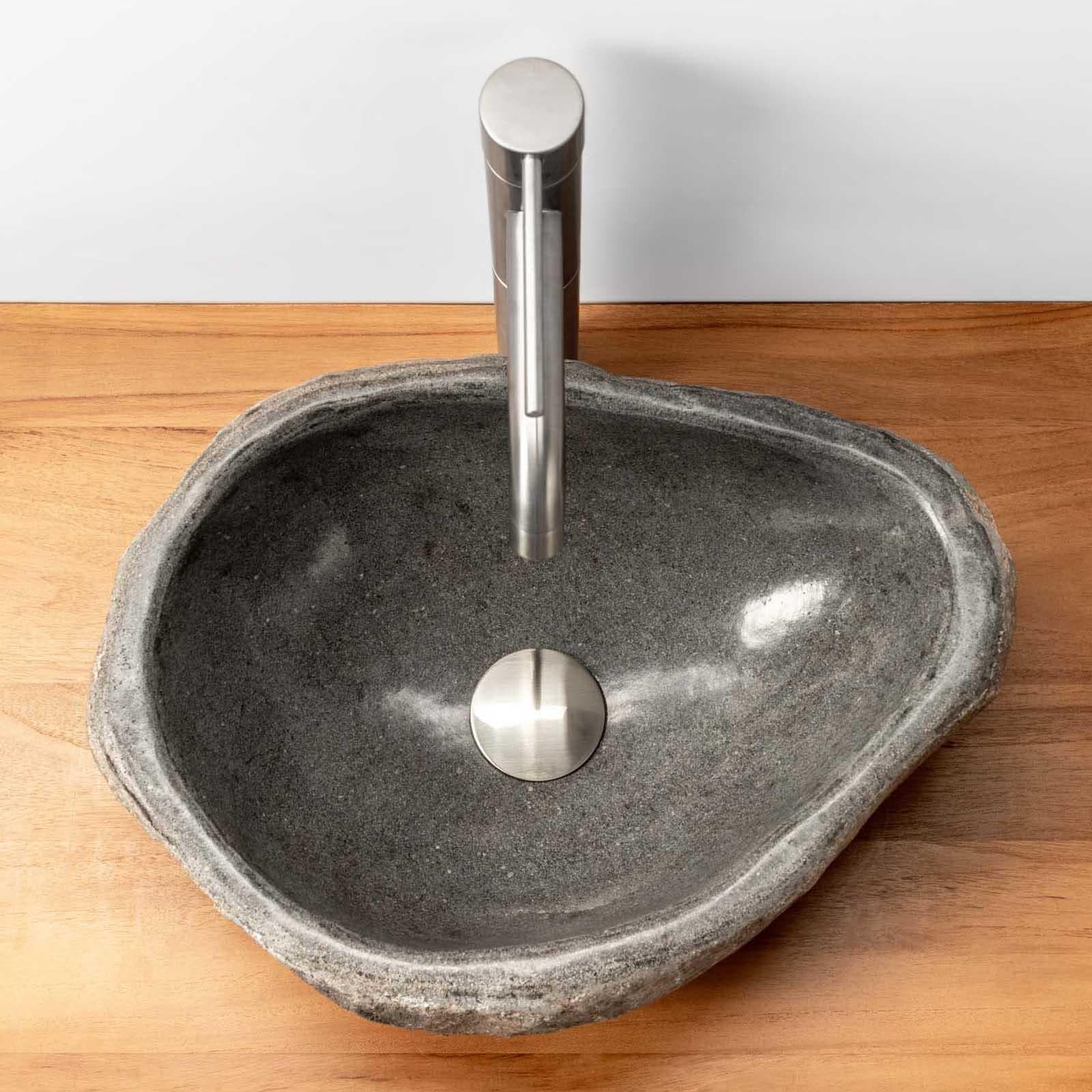 Lavabo da appoggio 53x48 cm lavorazione artigianale in pietra naturale di fiume antracite - Artizan