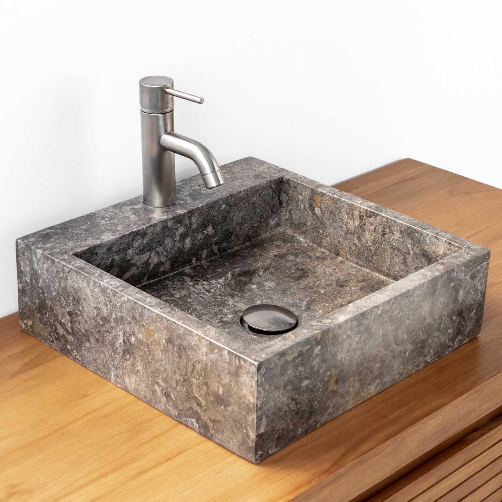 Lavabo da appoggio monoforo 40x40 cm in marmo grigio lucido - Artizan