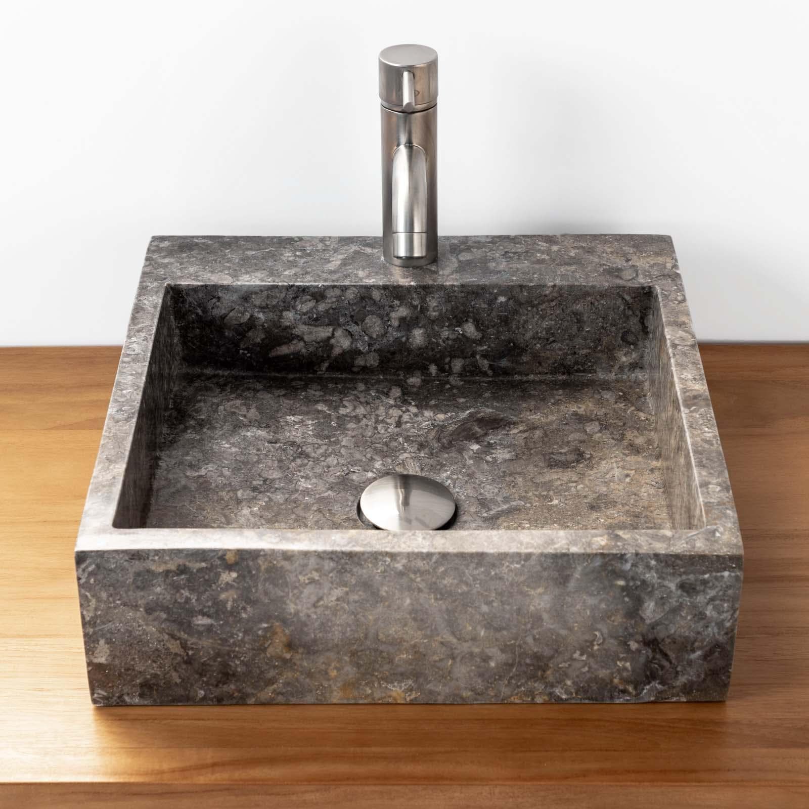 Lavabo da appoggio monoforo 40x40 cm in marmo grigio lucido - Artizan