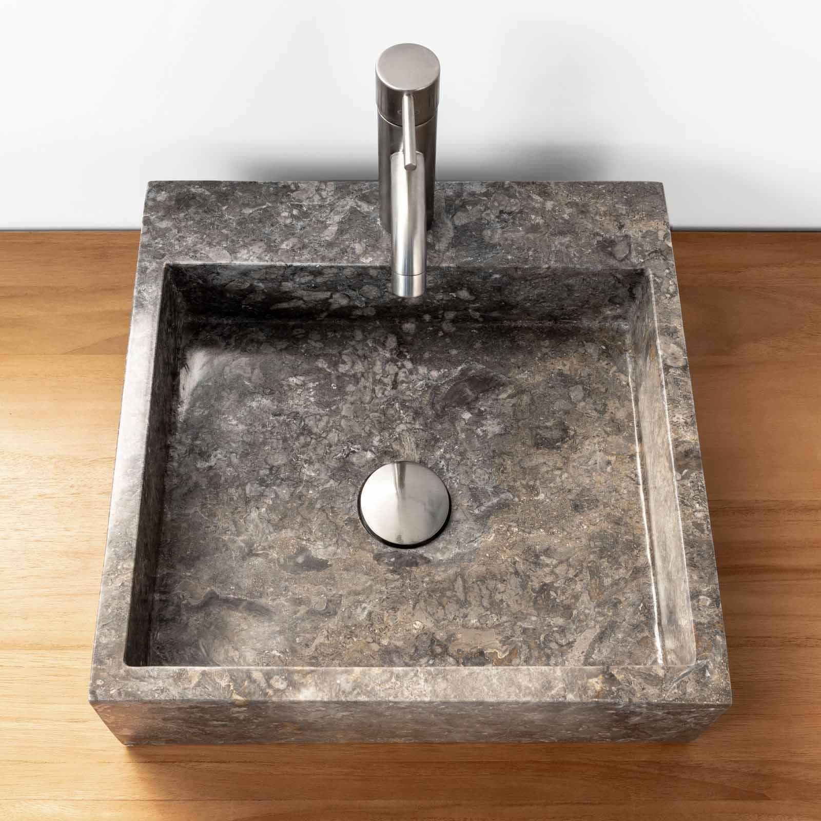 Lavabo da appoggio monoforo 40x40 cm in marmo grigio lucido - Artizan