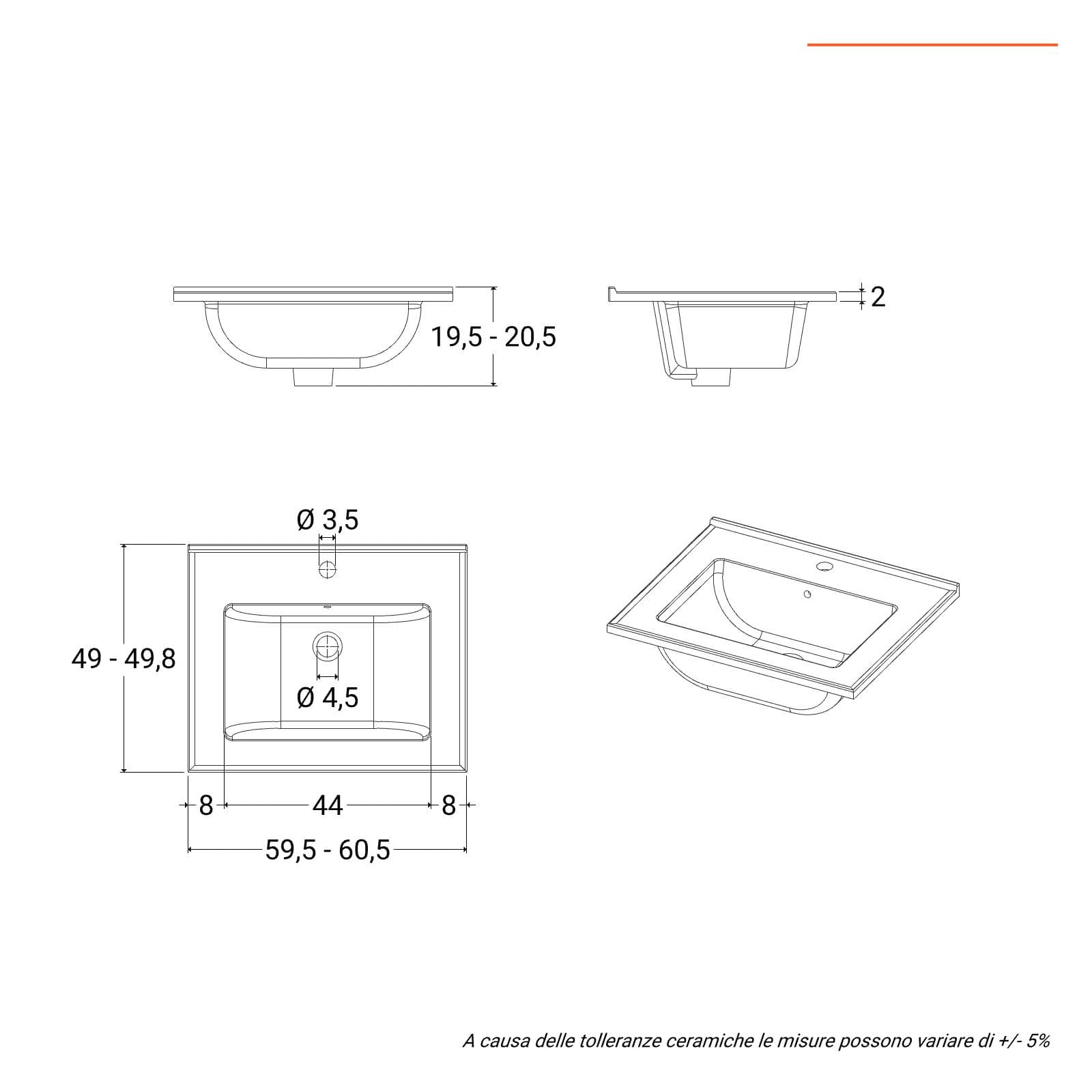 Lavabo da incasso monoforo 60x50 cm bianco lucido - Valley