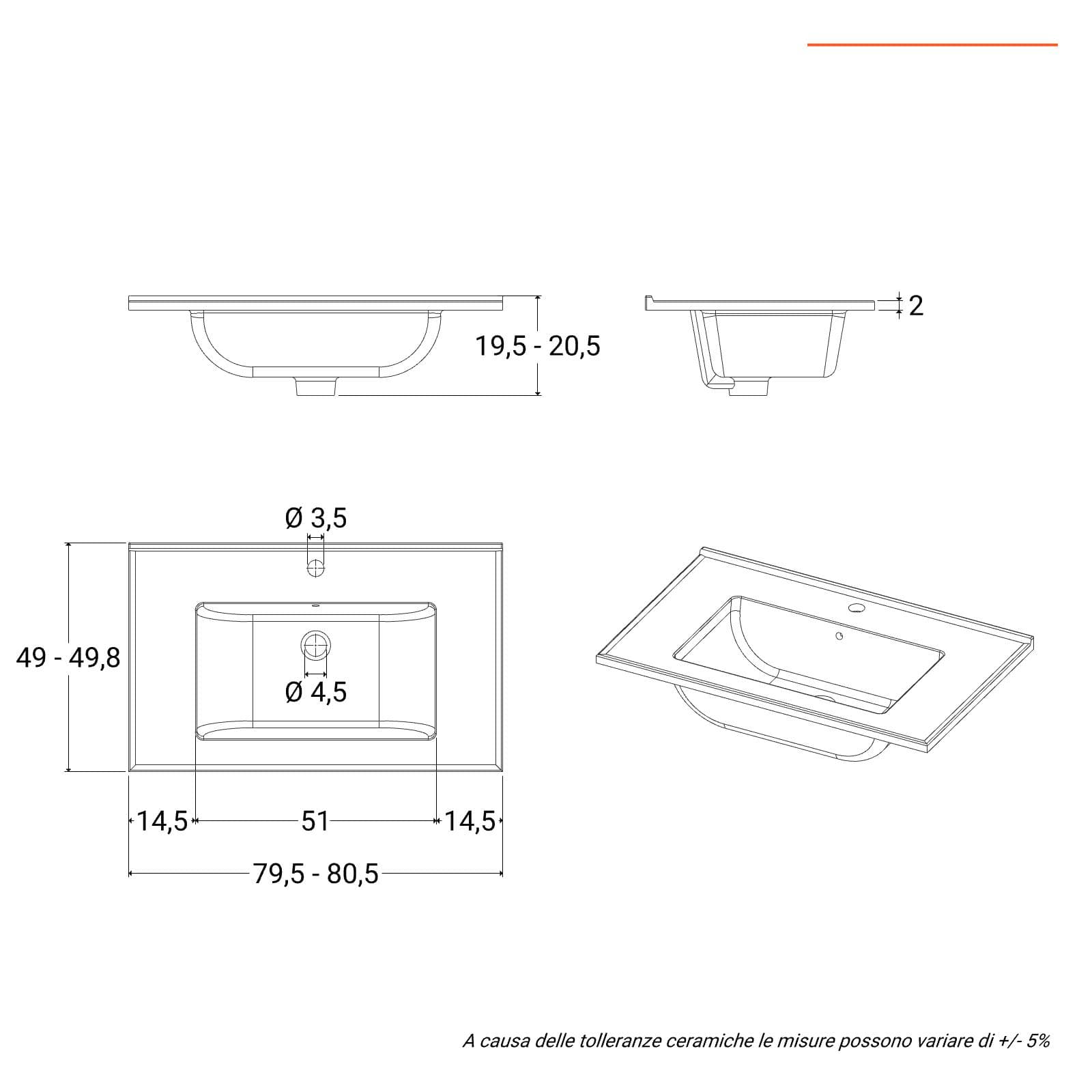 Lavabo da incasso monoforo 80x50 cm bianco lucido - Valley
