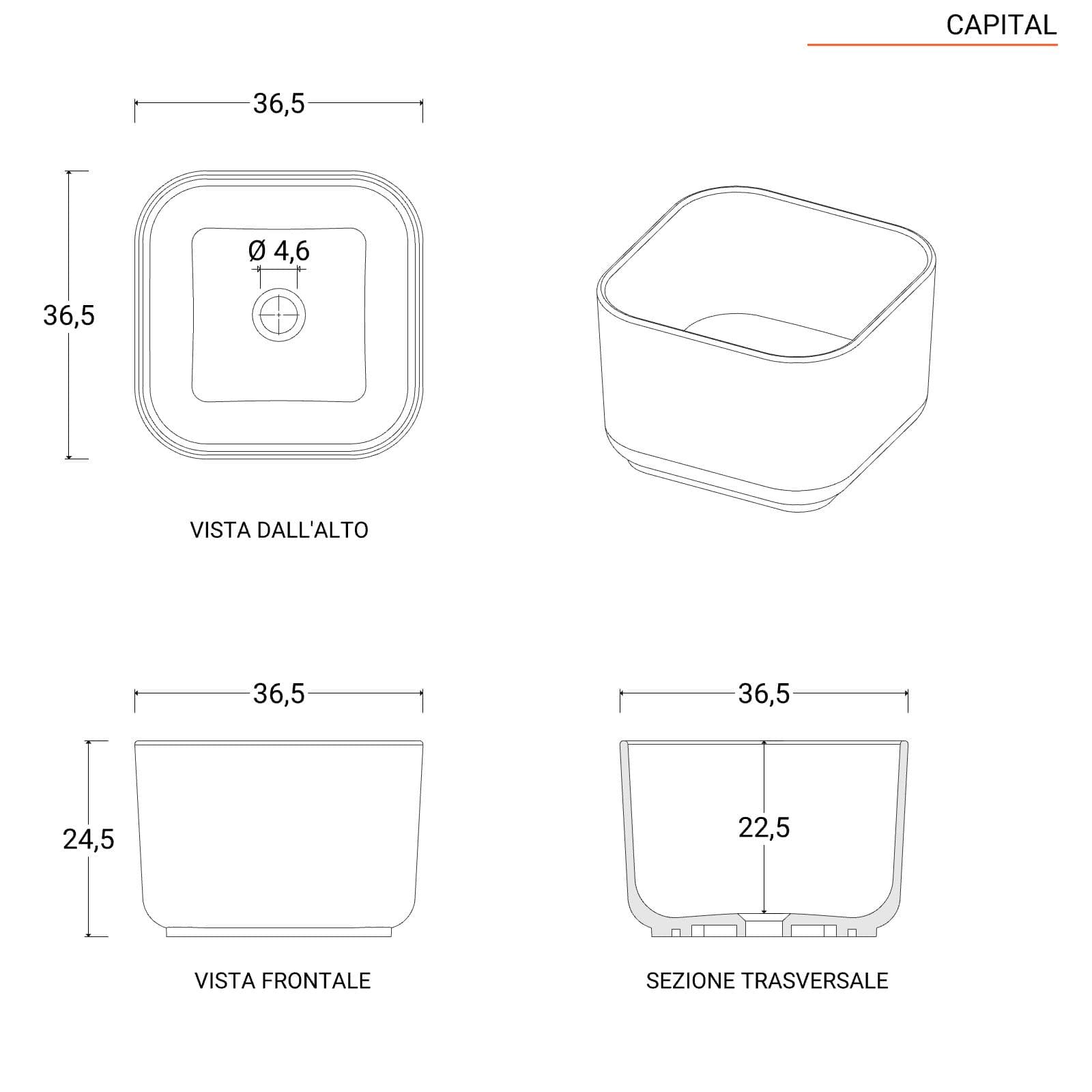Lavabo d'appoggio 36,5x24,5 h cm nero opaco - Capital