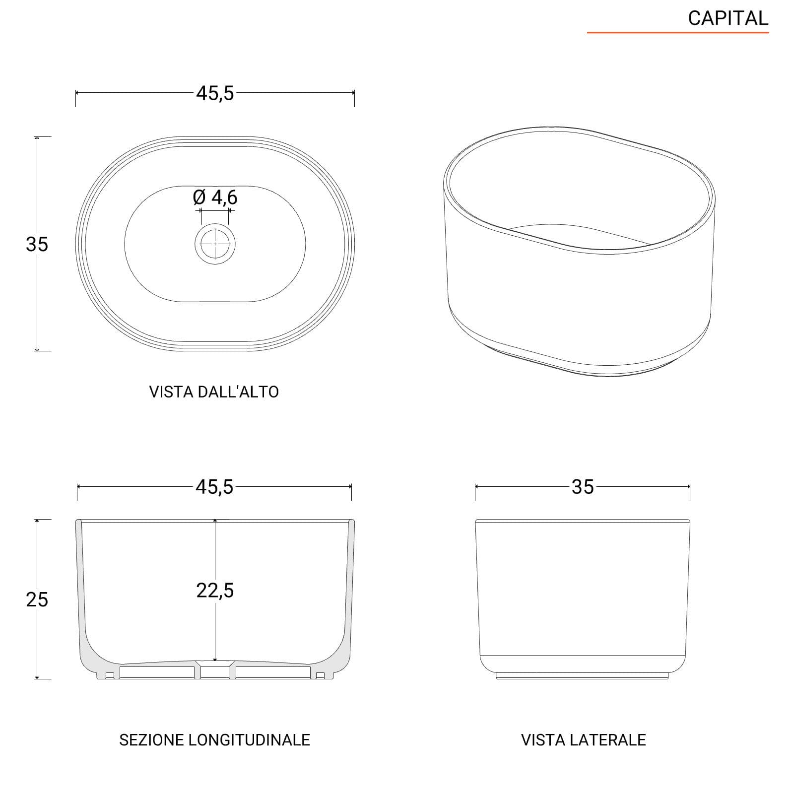 Lavabo d'appoggio 45,5x25 h cm bianco lucido - Capital