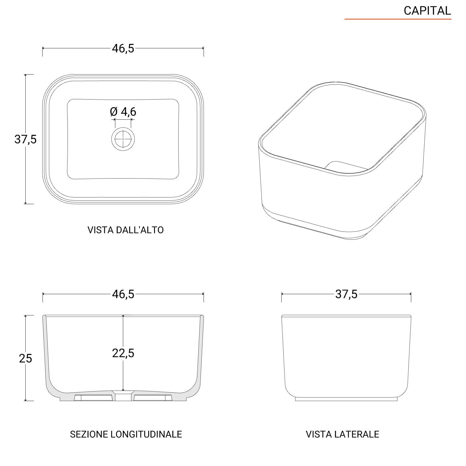 Lavabo d'appoggio 46,5x25 h cm bianco opaco - Capital