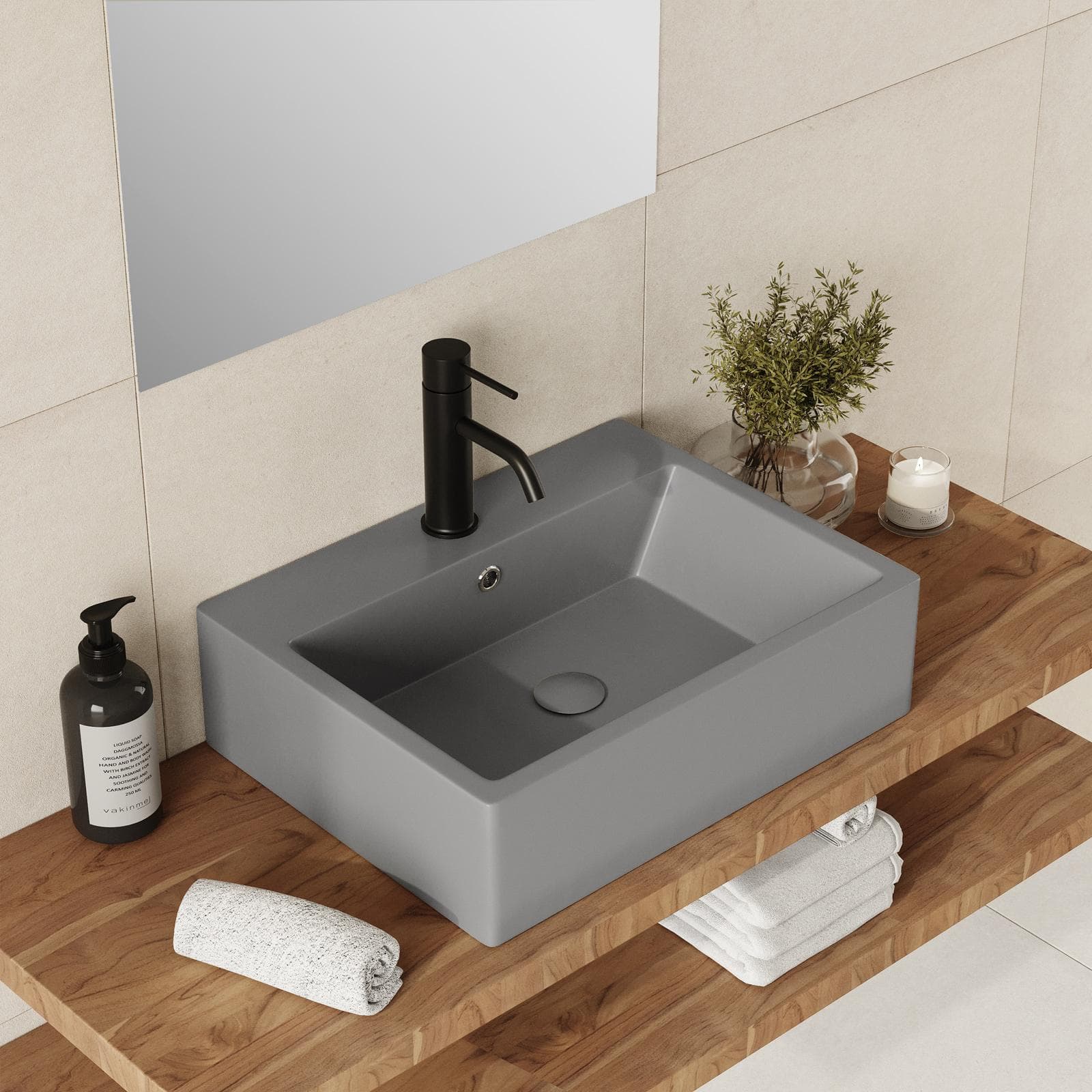 Lavabo d'appoggio 53x41 cm in ceramica grigio opaco con troppopieno - Cloe