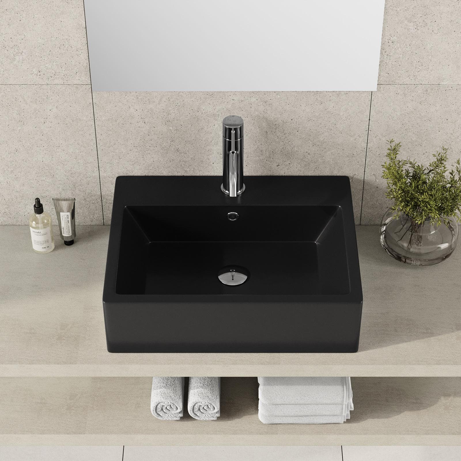 Lavabo d'appoggio 53x41 cm in ceramica nero opaco con troppopieno - Cloe