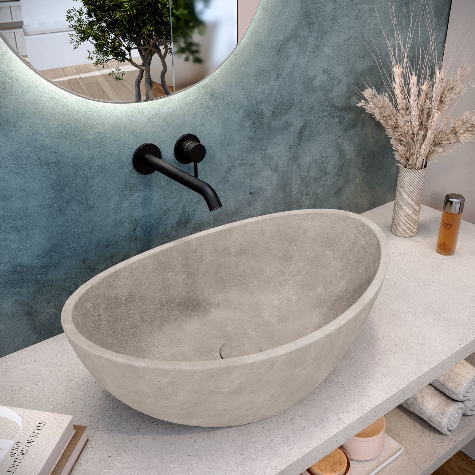 Lavabo d'appoggio 54,6x34,5x18,5 h cm in cemento effetto pietra crema - Hamilton
