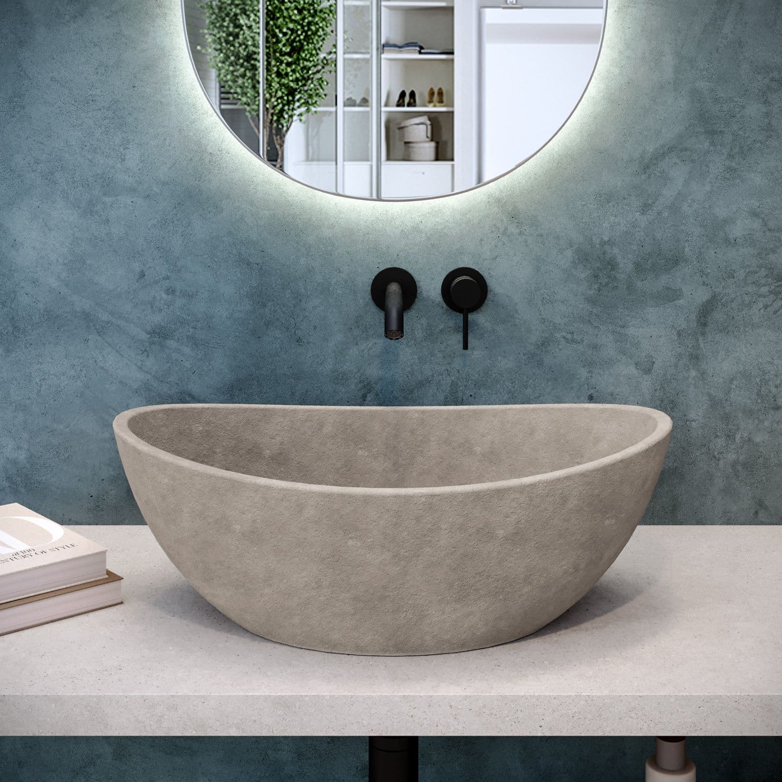 Lavabo d'appoggio 54,6x34,5x18,5 h cm in cemento effetto pietra crema - Hamilton