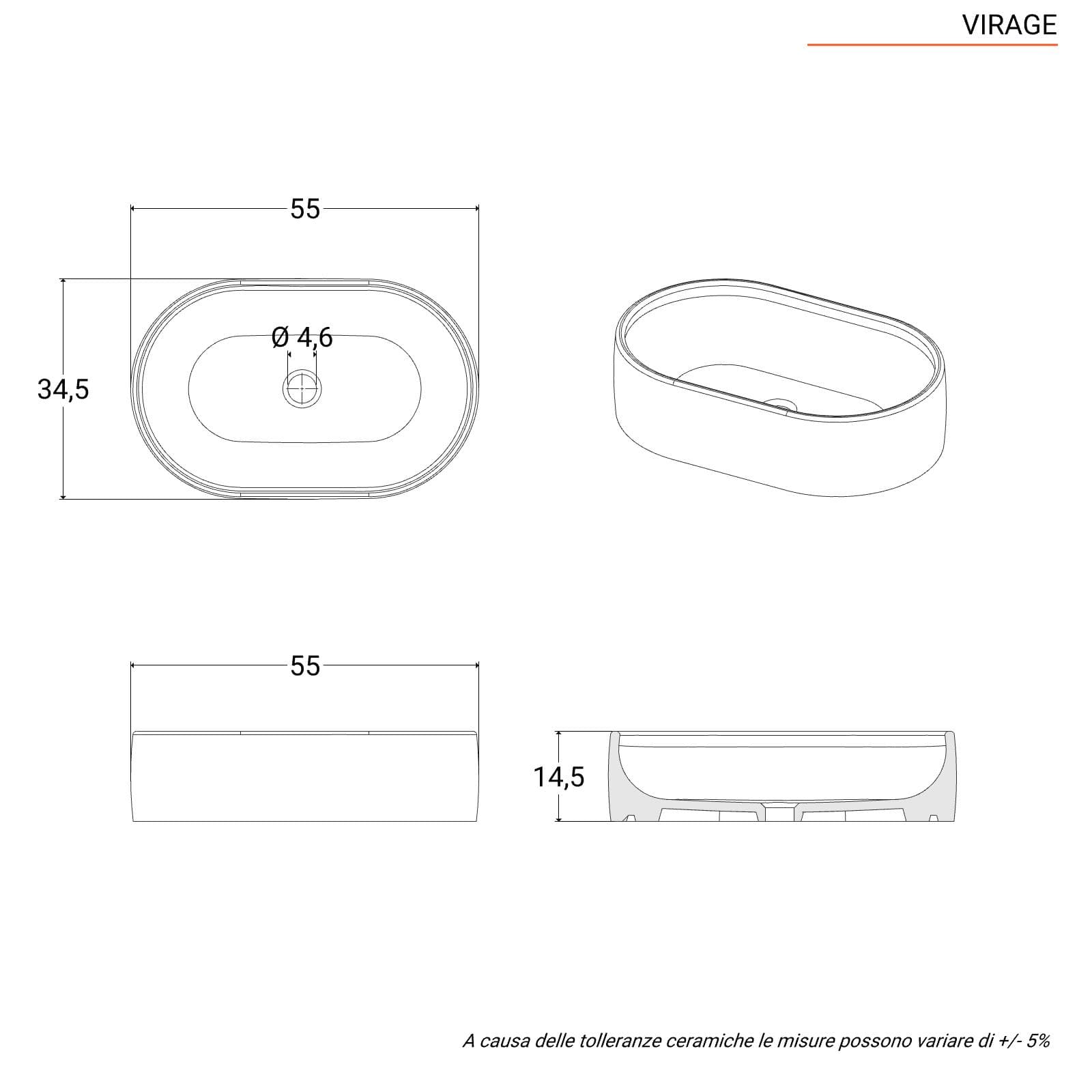 Lavabo d'appoggio 55x34 cm in ceramica bianco opaco - Virage