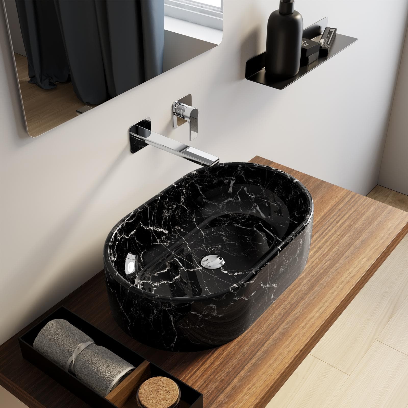 Lavabo d'appoggio 55x34 cm in ceramica nero effetto marmo - Virage