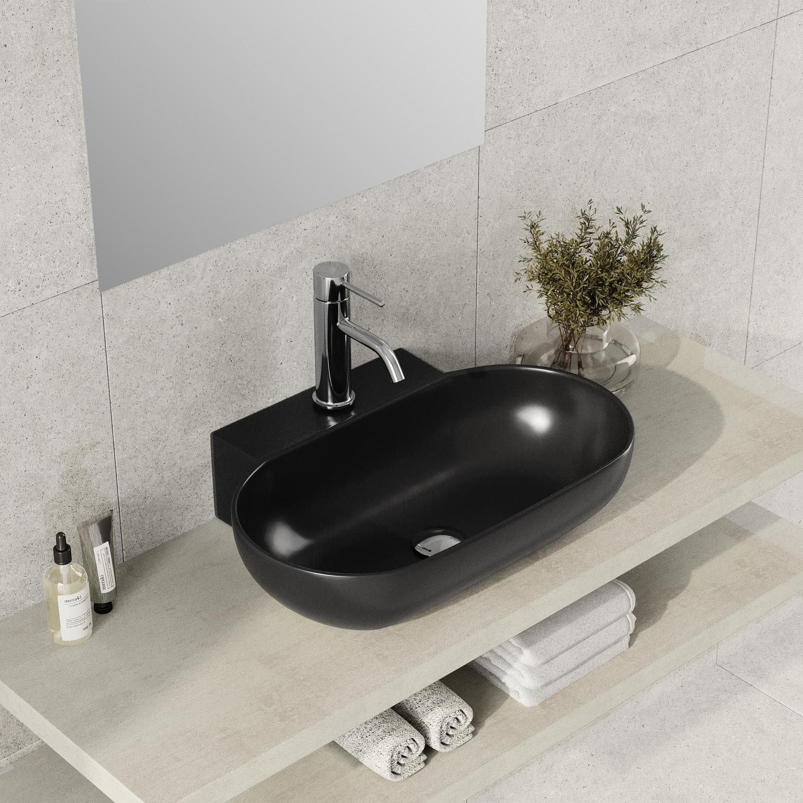 Lavabo d'appoggio 56x40 cm in ceramica nero opaco monoforo - Cloe