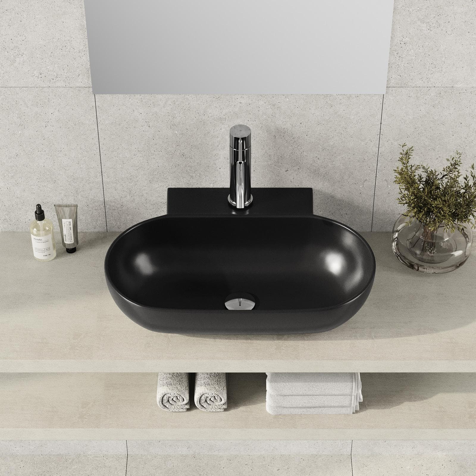 Lavabo d'appoggio 56x40 cm in ceramica nero opaco monoforo - Cloe