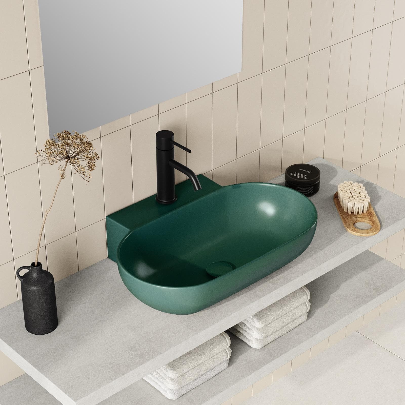 Lavabo d'appoggio 56x40 cm in ceramica verde opaco monoforo - Cloe