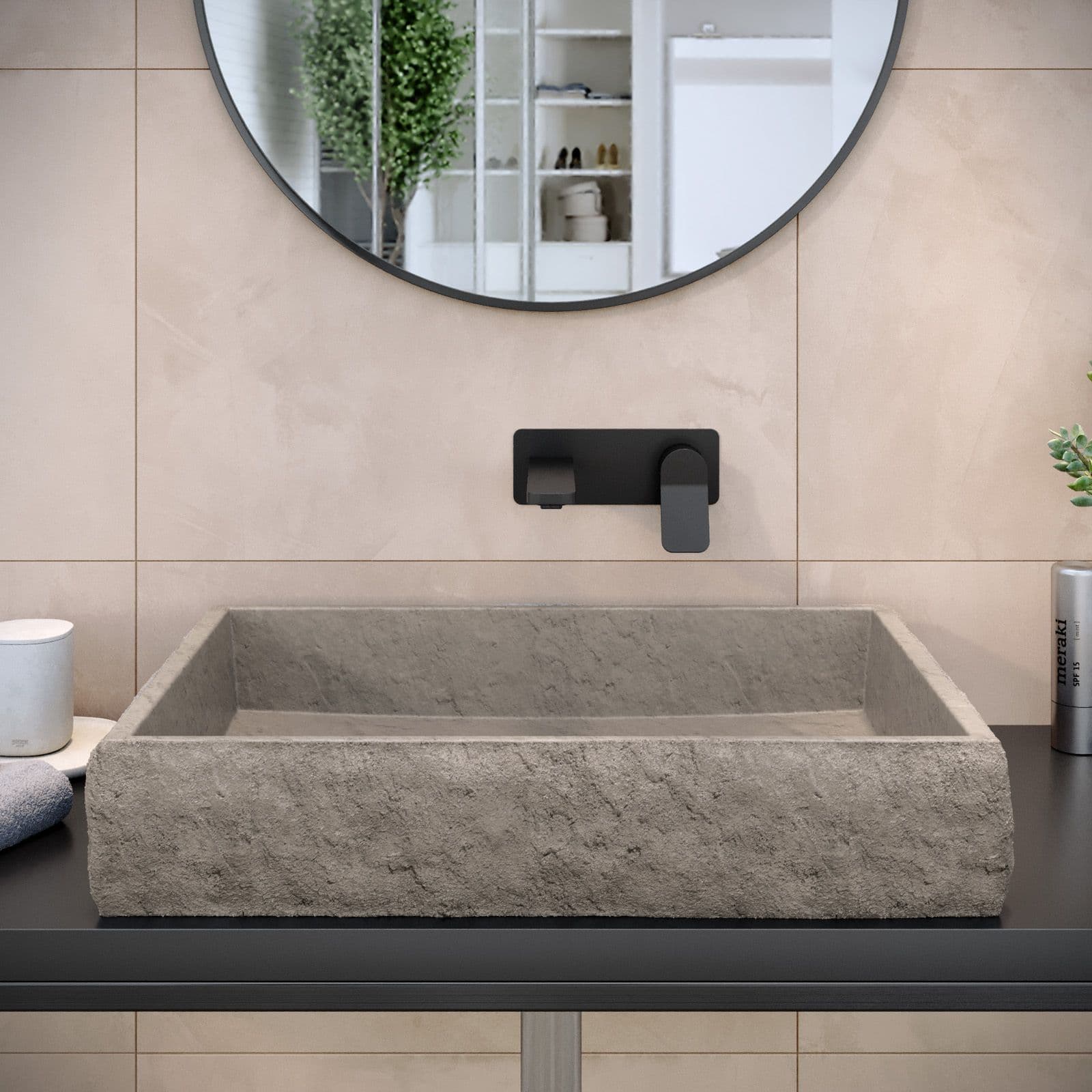 Lavabo d'appoggio 61x40x12 h cm in cemento bianco effetto rustico - Hamilton
