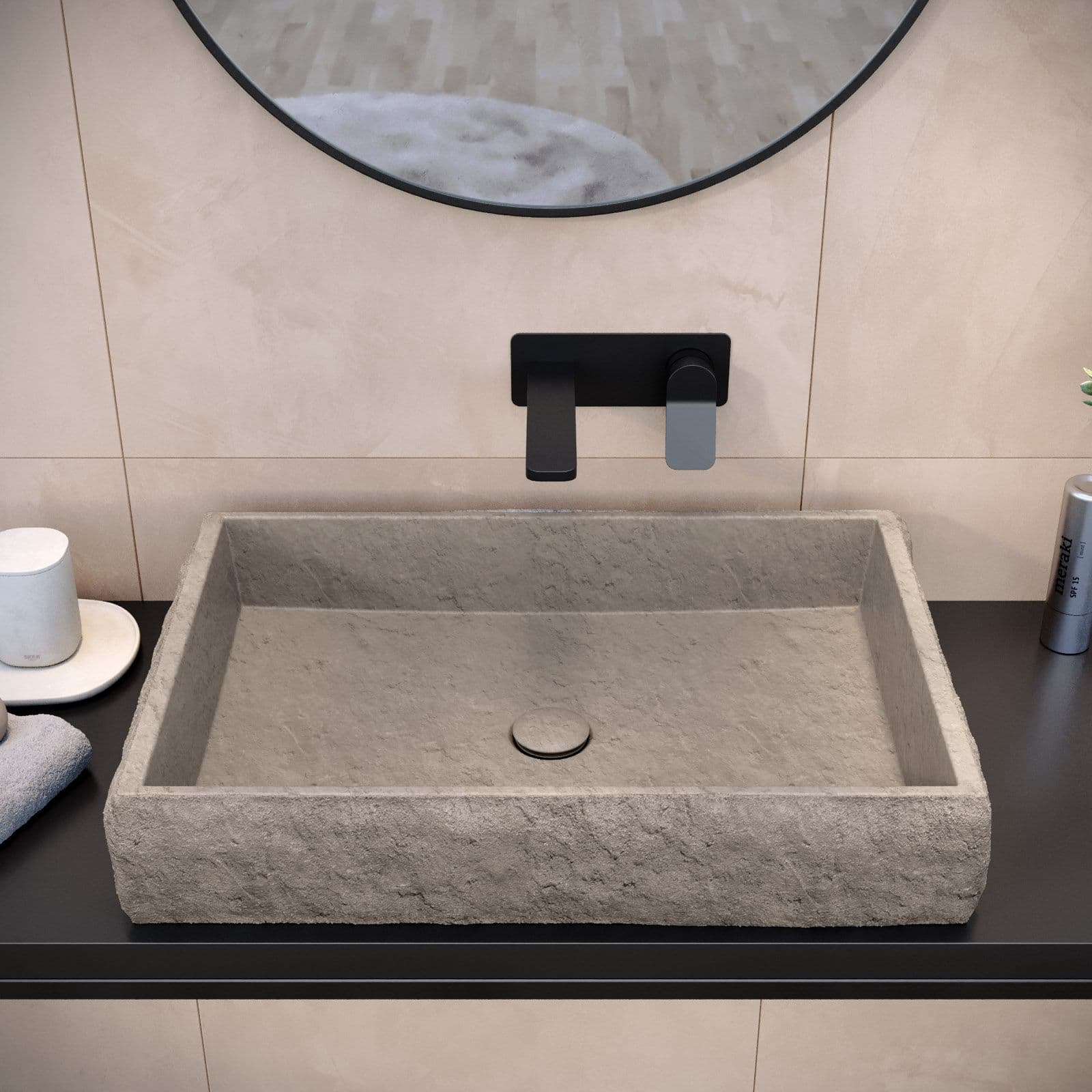 Lavabo d'appoggio 61x40x12 h cm in cemento bianco effetto rustico - Hamilton