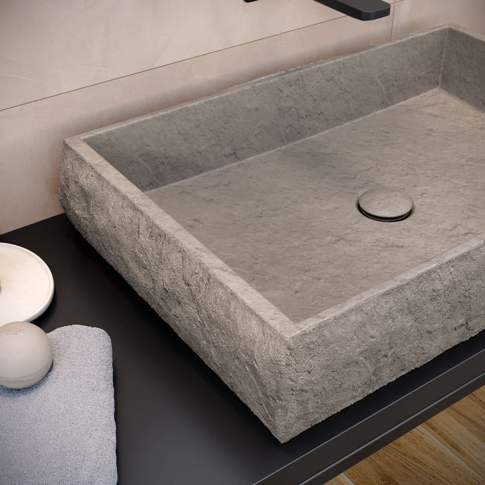 Lavabo d'appoggio 61x40x12 h cm in cemento bianco effetto rustico - Hamilton