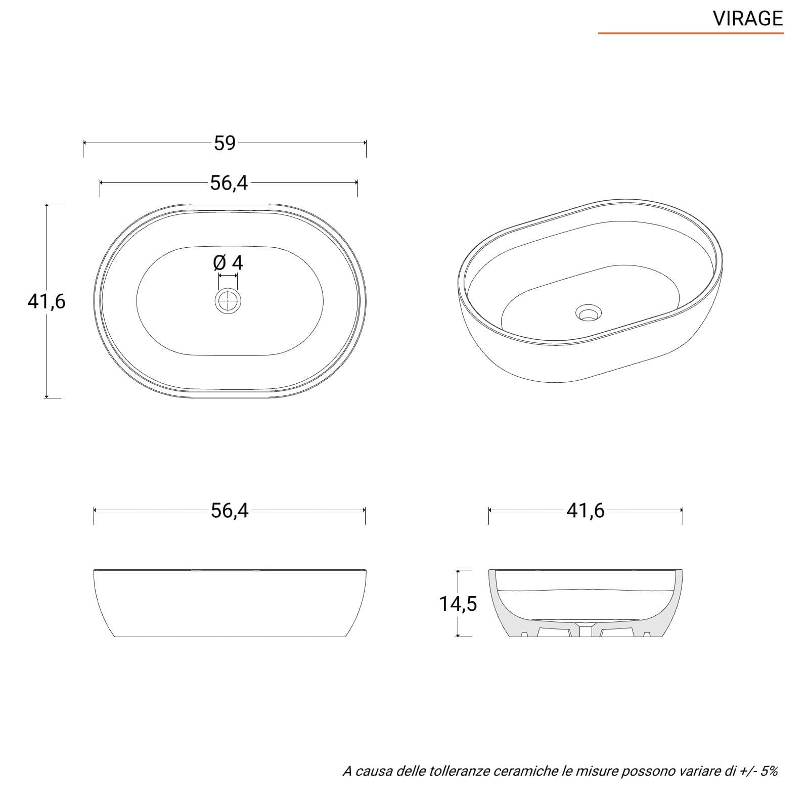 Lavabo d'appoggio con bordo slim 59x41 cm in ceramica bianco