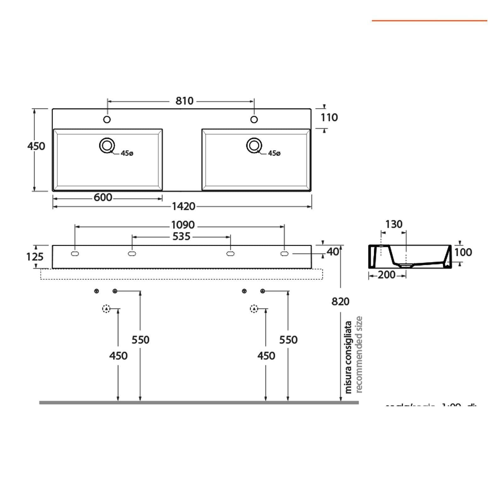 Lavabo d'appoggio o sospeso a doppia vasca forata 142 cm bianco - Elegance Squared