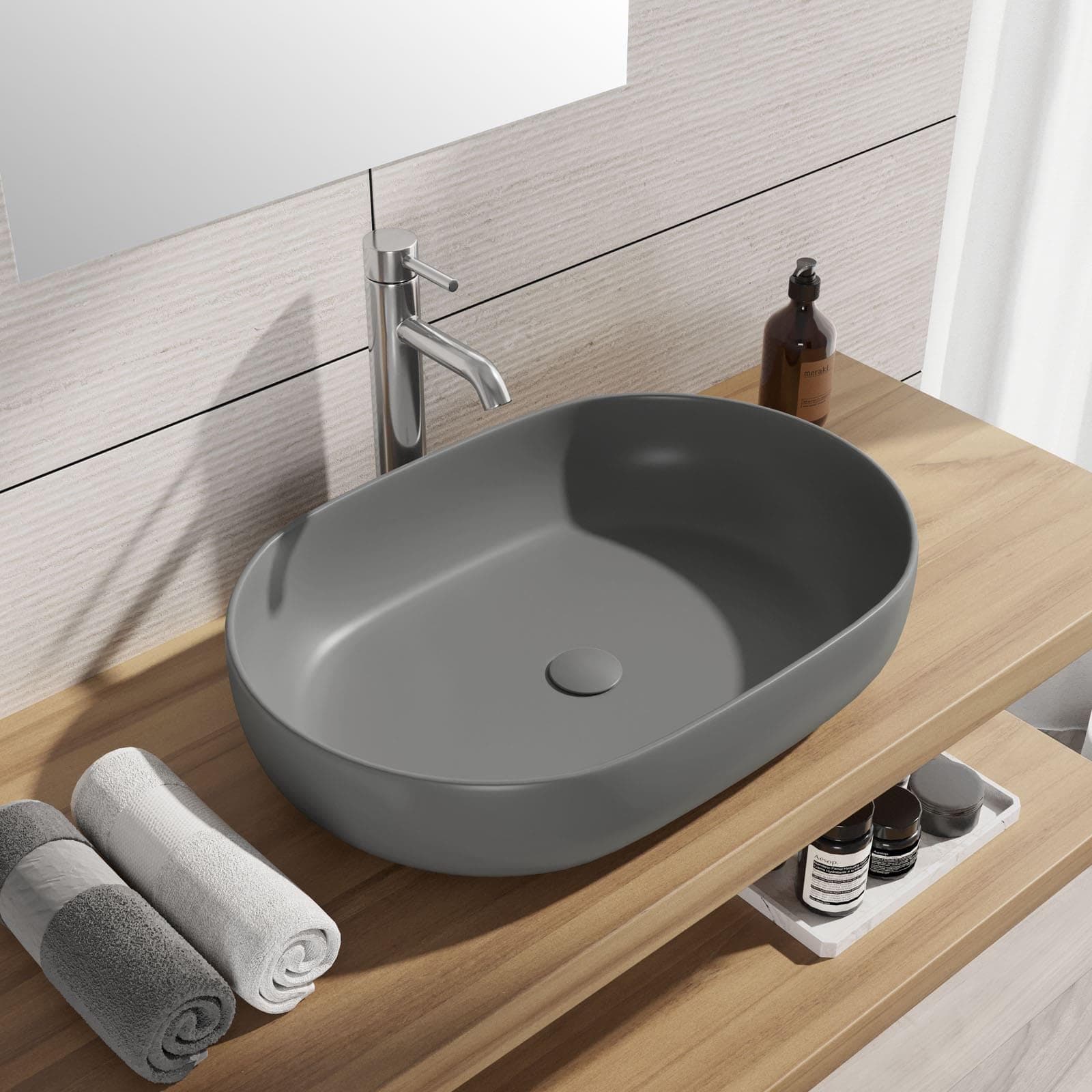 Lavabo d'appoggio ovale in ceramica 60x40 cm grigio opaco - Cloe