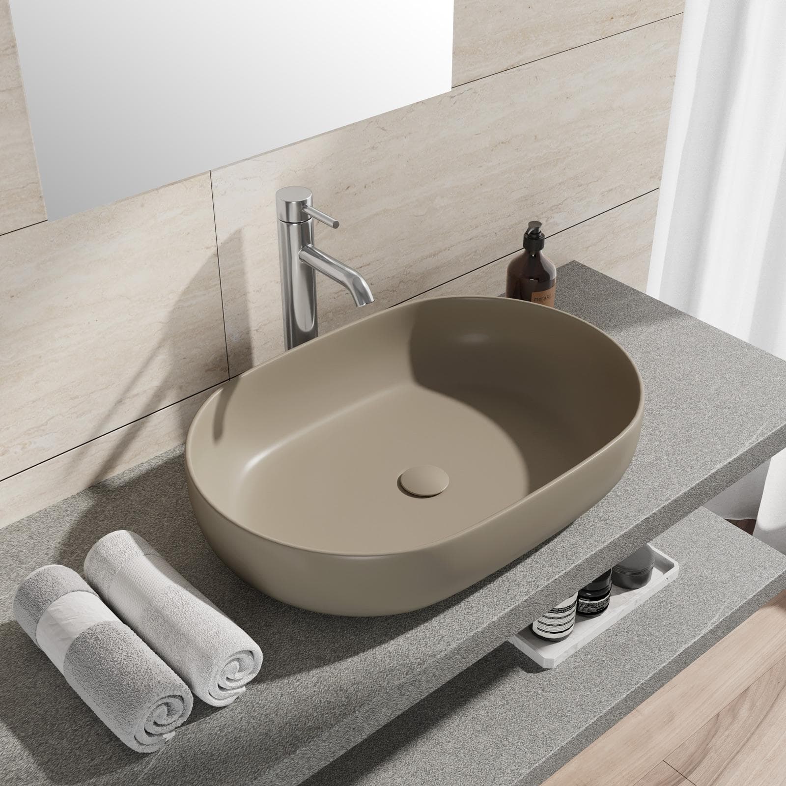 Lavabo d'appoggio ovale in ceramica 60x40 cm tortora opaco - Cloe