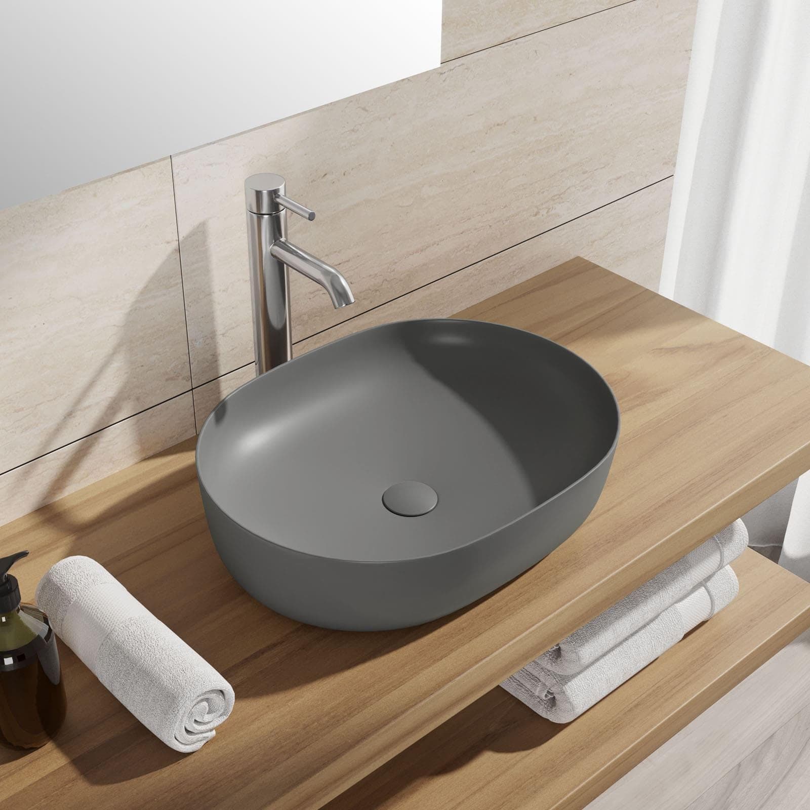Lavabo d'appoggio slim in ceramica 49x35 cm grigio opaco - Cloe