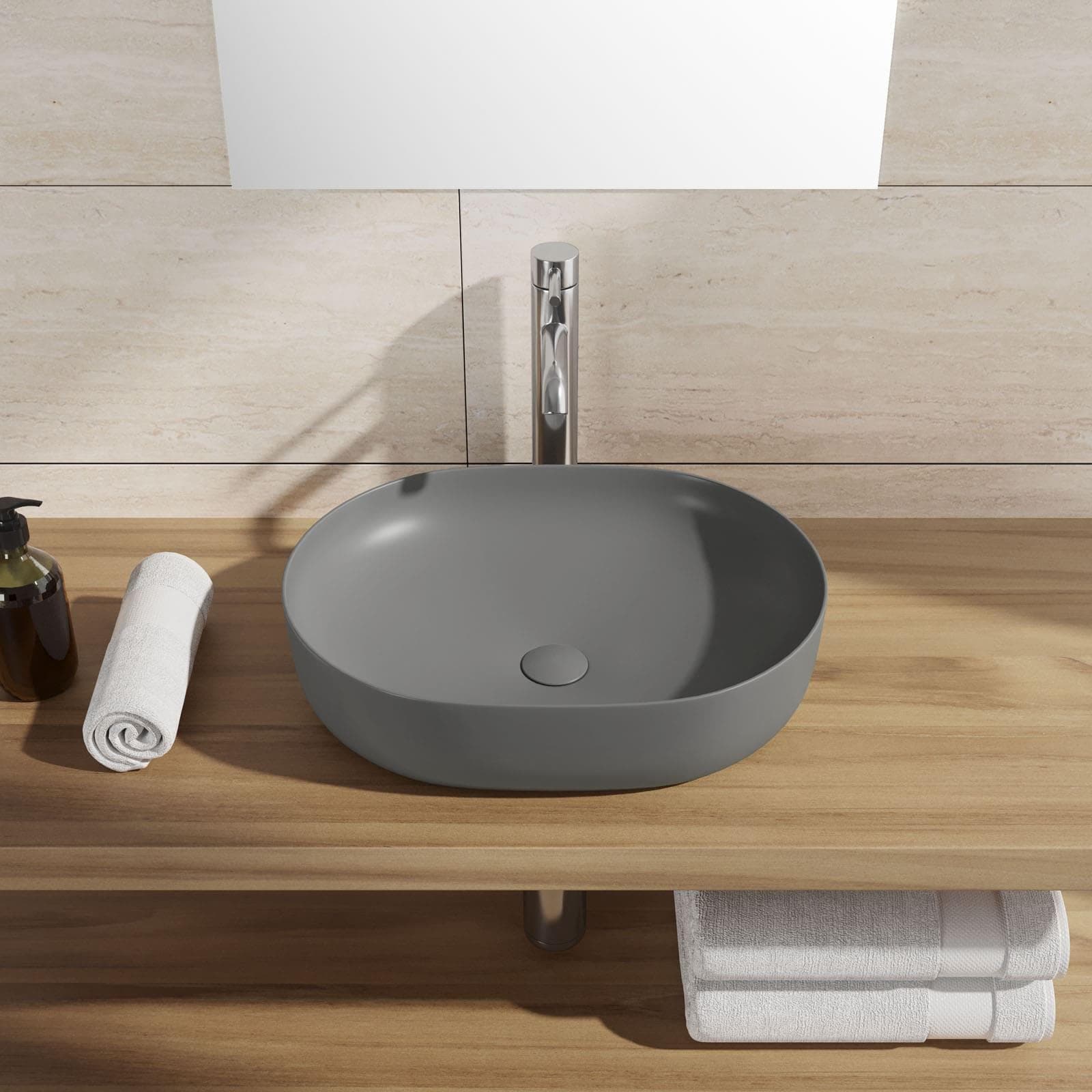 Lavabo d'appoggio slim in ceramica 49x35 cm grigio opaco - Cloe